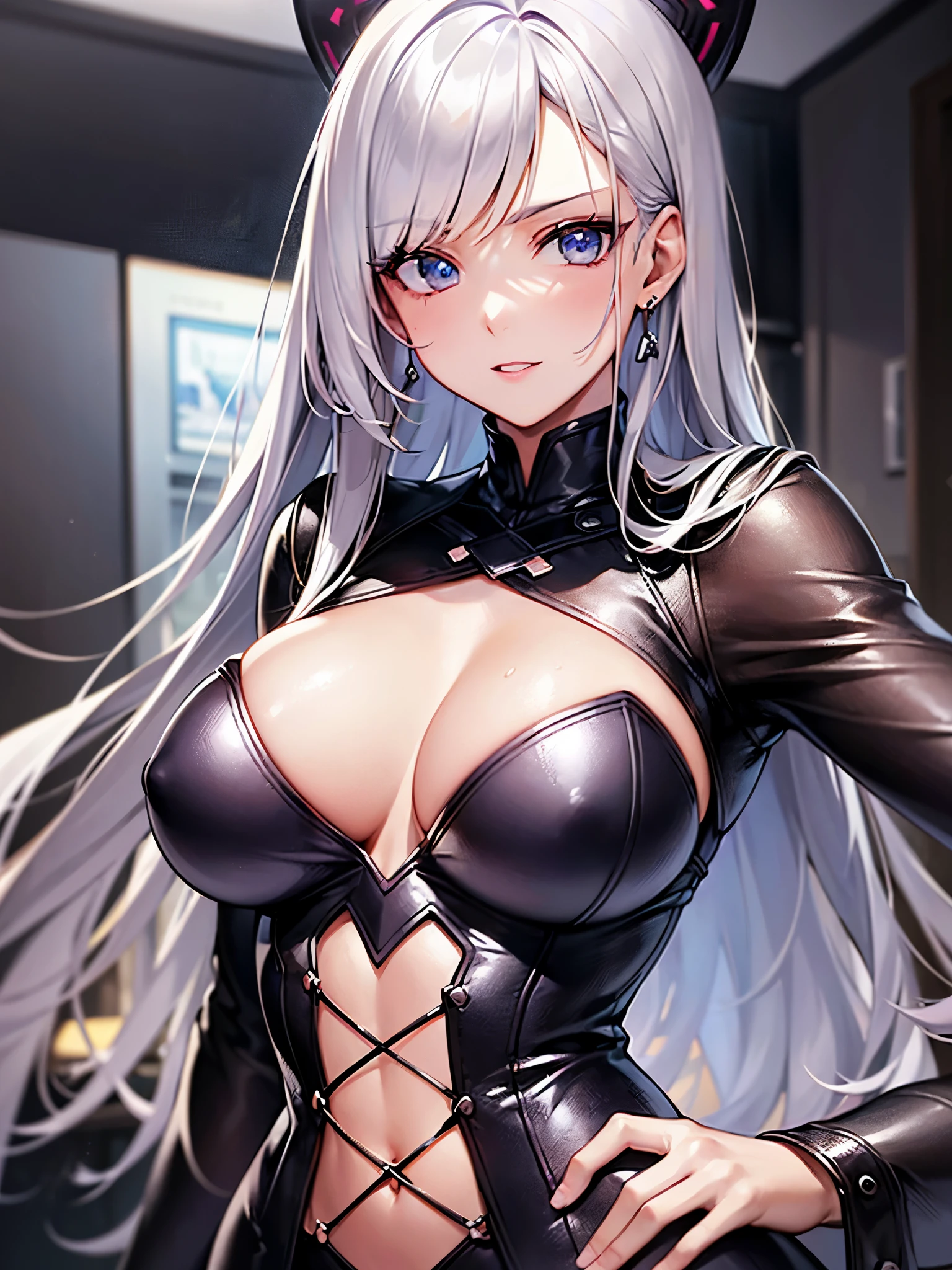 ((highest quality)),(ultra high resolution),(Super detailed),(detailed description),((best CG)),(best work of art),super precision art,great drawing art,(Art with precise details:1.5), (1 woman:1.5),Beautiful face 1.5,makeup:1.7,eye shadow:1.4,earrings:1.5,smug face:1.5,big breasts:1.4,suit figure:1.6