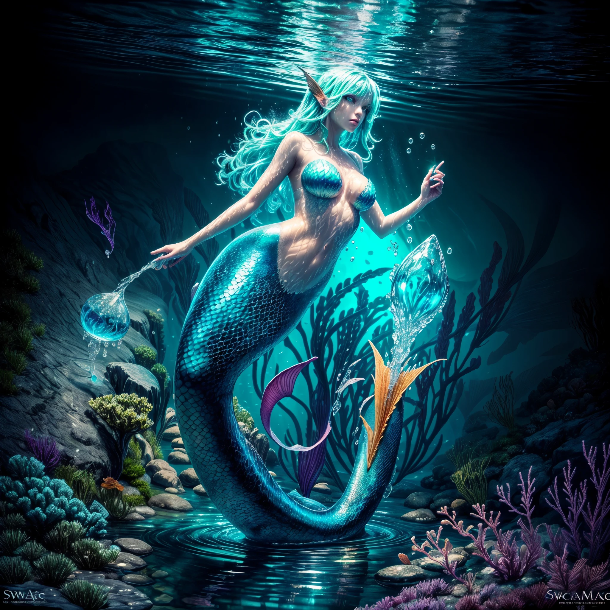 high details, best quality, 16k, [ultra detailed], masterpiece, best quality, (extremely detailed), full body, ultra wide shot, RAW, photorealistic, fantasy art, dnd art, rpg art, realistic art, an ultra wide picture of a mermaid (1.5 intricate details, Masterpiece, best quality) water mage casting ((water control spell)), water wizard ((water magic, intense magic details)), ((controlling a swirling mass of water)), magical symbols GlowingRunes_pink, female mermaid, blue skin, green hair, long hair, swirling hair, lower body tail fin, intense eyes, small pointed ears, ((blue eyes)), ((glowing eyes)), armed with magical wand, wearing sea shell clothing, beautiful mermaid, underwater background, rich underwater life, ((magical atmosphere)), fish and sea weeds, speedpainting high details, best quality, highres, ultra wide angle