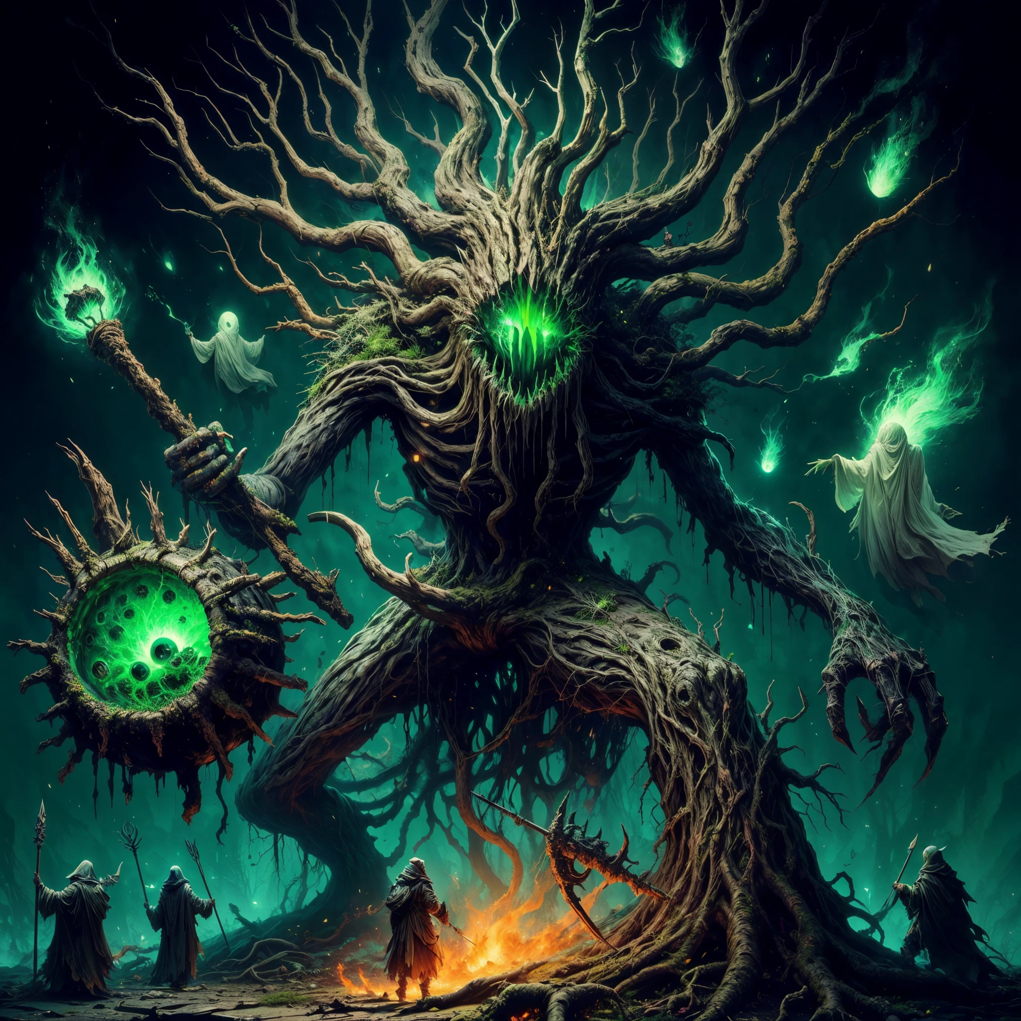dark soul boss,elden Ring style,a corrupted tree man, an eldritch being inside a tree, 8 long thick root came from the back, corrupted wood hand and arm,  holding a runic dead tree branch as a spear, toxic fruit as bomb,thick trunk tentacles,glowing green eye,death green aura, open mouth, holding corrupted death fruit, astral ghost flying around, 