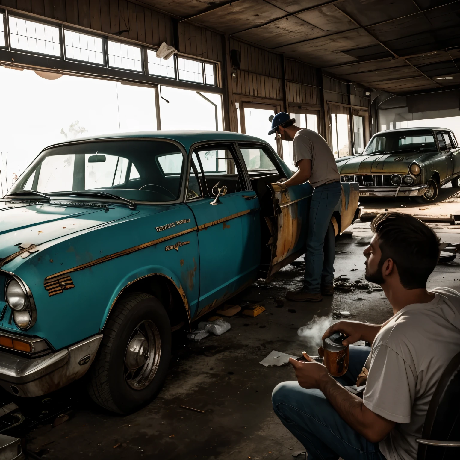 Moonshiner polishing junk car while smoking cigarette