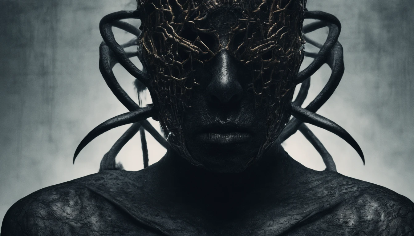 Stunning surreal art: front view emotional formless bizarre humanoid beggar face mask floating in darkness, vogue and Gucci style, minimalism photo, minimalistic, porosity, intricate details, rough texture, colorful top light, perfect crop, volumetric, super detailed, octane render, cinematic lighting, film grain