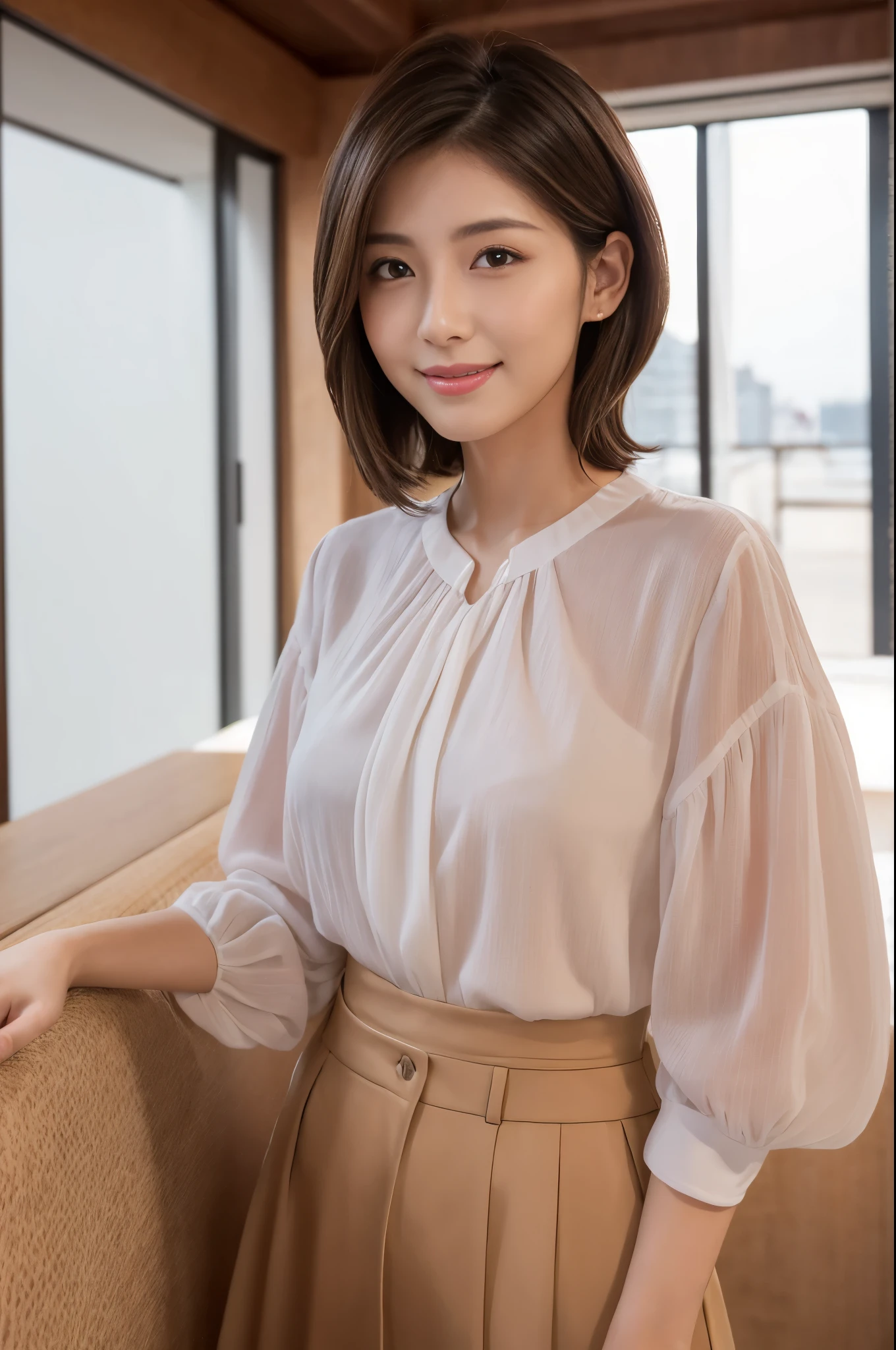 ulzang-6500-v1.1,(Raw photo), (Photorealistic),(Masterpiece, BestQuality:1.3), High Resolution, 8K Oversize, (Fine Detail), (Voluminous Light), Upper Body, Female, 20 years old, Short Hair, Straight Hair, Layered Hair, Brown Hair, Fine Eyes, Order of Source, Fine Eyebrows, Fine Skin, Fine Mouth, Fine Nose, Pretty Idol-Like, Happy Smile, (Thick Lips), (Look at Viewer), (Classy Blouse)