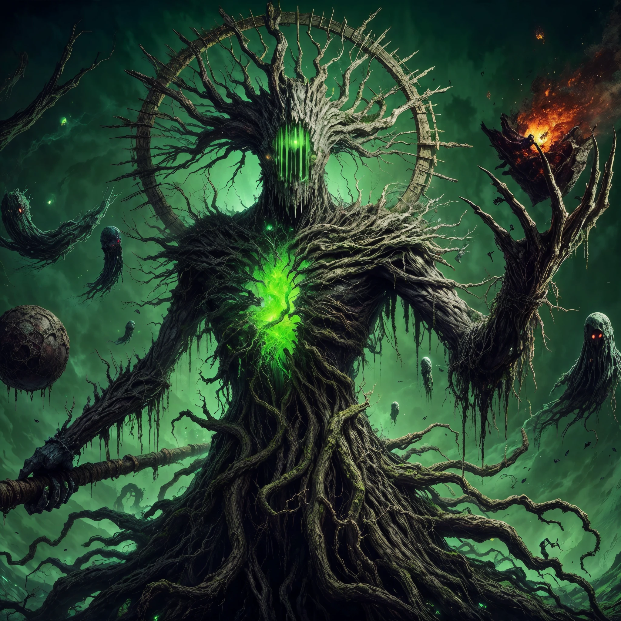 dark soul boss,elden Ring style,a corrupted tree man, an eldritch being inside a tree, 8 long thick root came from the back, corrupted wood hand and arm, holding a runic dead tree branch as a spear, toxic fruit as bomb,thick trunk tentacles,glowing green eye,death green aura, open mouth, holding corrupted death fruit, astral ghost flying around,