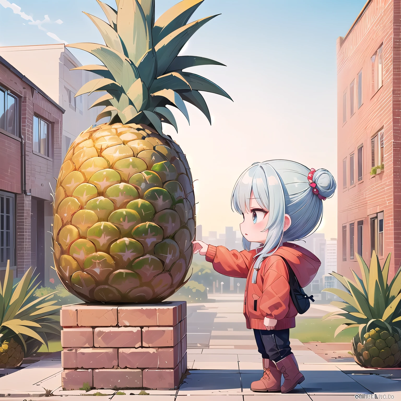 (great Chibi, snap,Pineapple ,one girl: 1.4), (Masterpiece, almond-shaped eyes, glossy white-blue hair, short chignon hair, top quality, carefully drawn fingers, beautiful anatomy, full body : 1.4), (Tasteful Colored pencil hand-drawn picture: 1.3), (Red cheeks, indifference, no expression, hair blowing in the wind: 1.2), (Slim and warm clothes, fluffy sweater,down coat, check pants,warm boots, put your hand on your thigh: 1.2), (side view: 1.3), (brick building,pineapple building, big city:1.4)