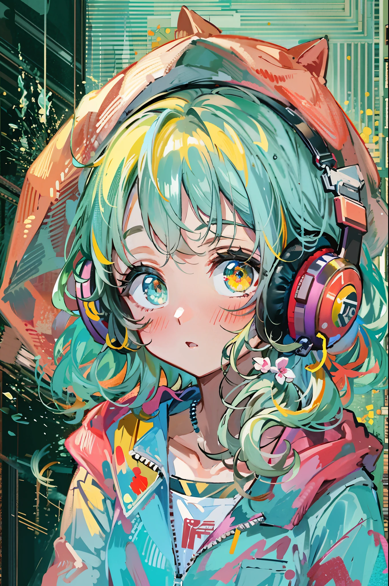 8K resolution、((highest quality))、((masterpiece))、((super detailed))、1 female、solo、incredibly absurd、oversized hoodie、The background has a design that looks like paint is splattered.、headphones、street、yellow background、rain、Fluorescent neon、short cut hair、colorful hair tips、bright colored eyes、put one&#39;s hand in one&#39;s pocket、shorts、water dripping、unusual colored eyes, Vivid eyes