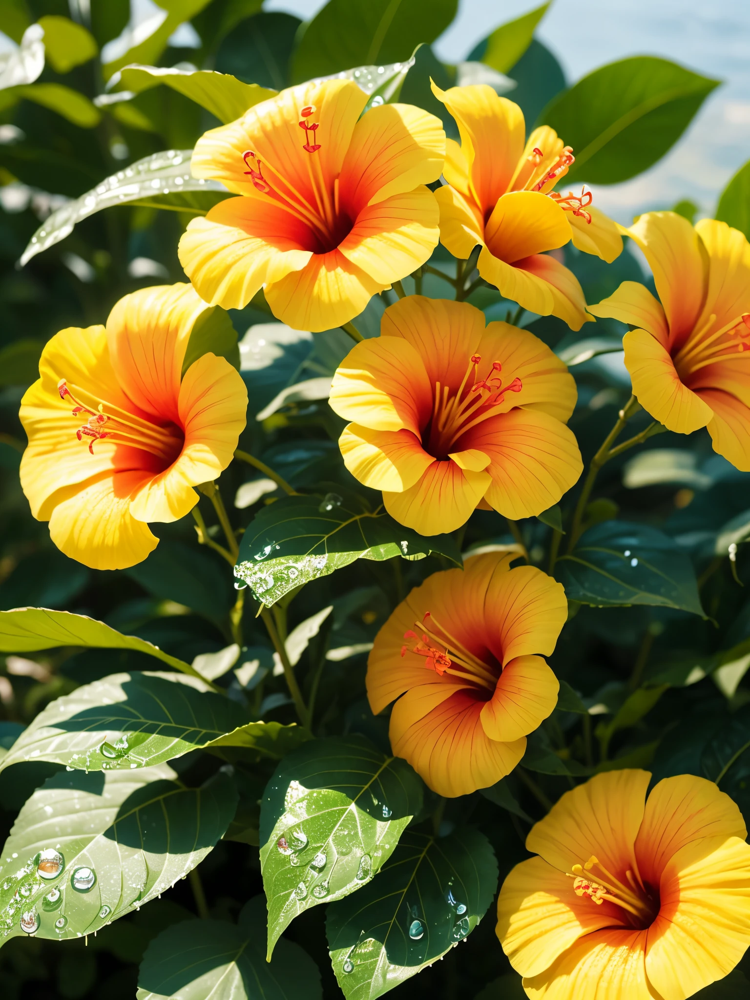 Yellow hibiscus, sunlight with water drops,neon glow, yellow hibiscus random background, sun rise, bokha mood, sun rays, sun rays crossing the flower