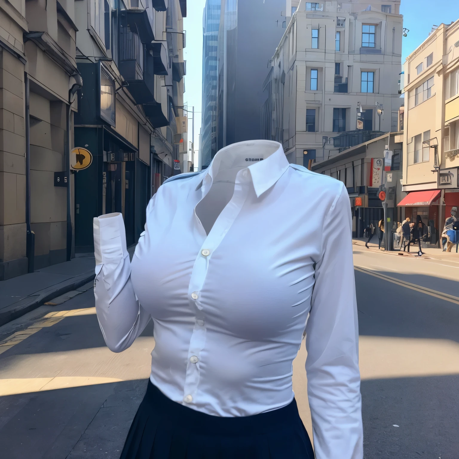 school uniform, upper body, from behind, in street, cute big breasts, (invisible, no human, headless, handless:1.5), (8k, RAW photo, best quality, masterpiece:1.2), (realistic, photo-realistic:1.37), photon mapping, radiosity, ((Hasselblad photography)), physically-based rendering