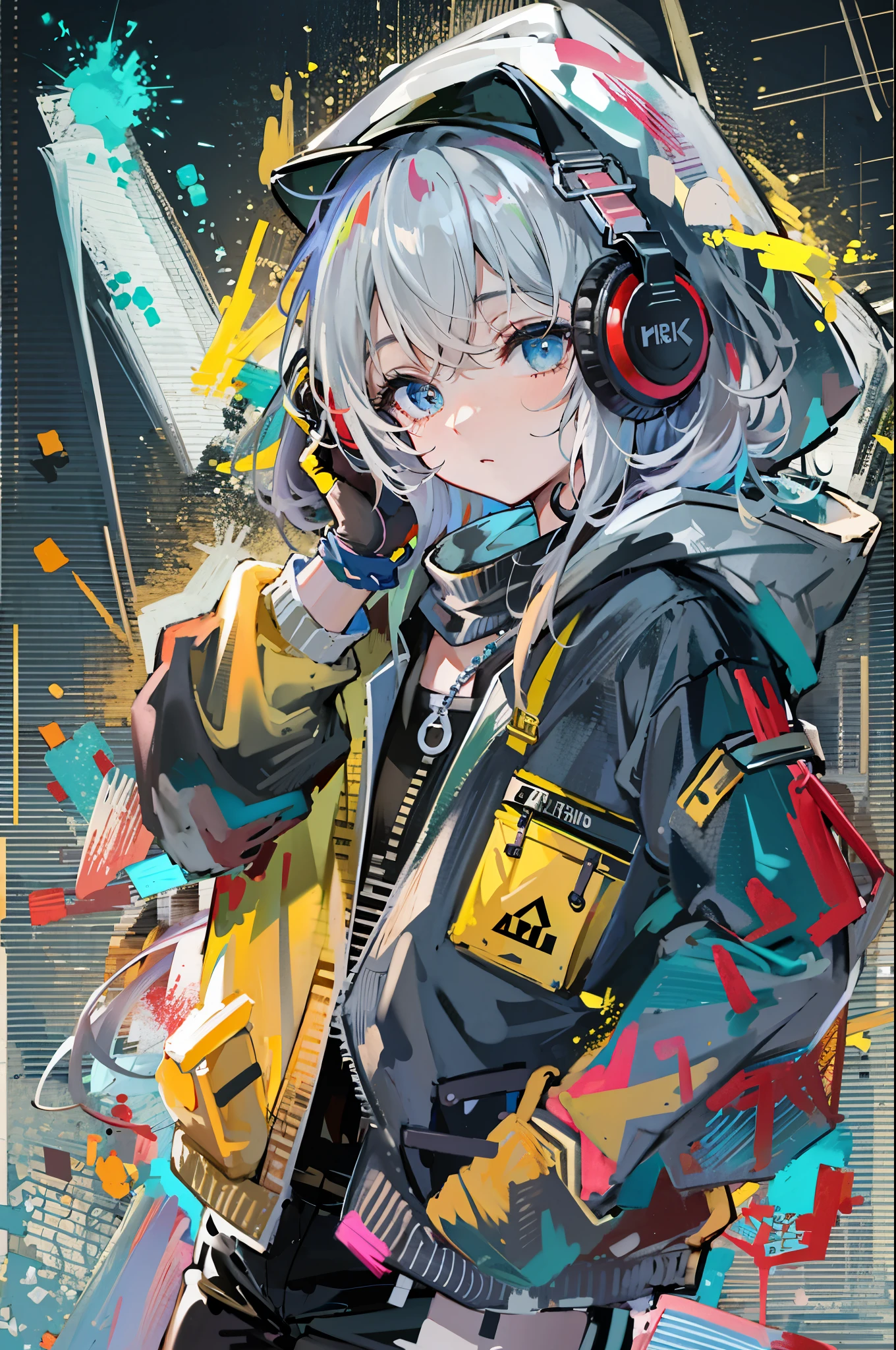 8K resolution、((highest quality))、((masterpiece))、((super detailed))、1 female、solo、incredibly absurd、oversized hoodie、The background has a design that looks like paint is splattered.、headphones、street、yellow background、rain、Fluorescent neon、short cut hair、colorful hair tips、bright colored eyes、put one&#39;s hand in one&#39;s pocket、shorts、water dripping、unusual colored eyes, Vivid eyes