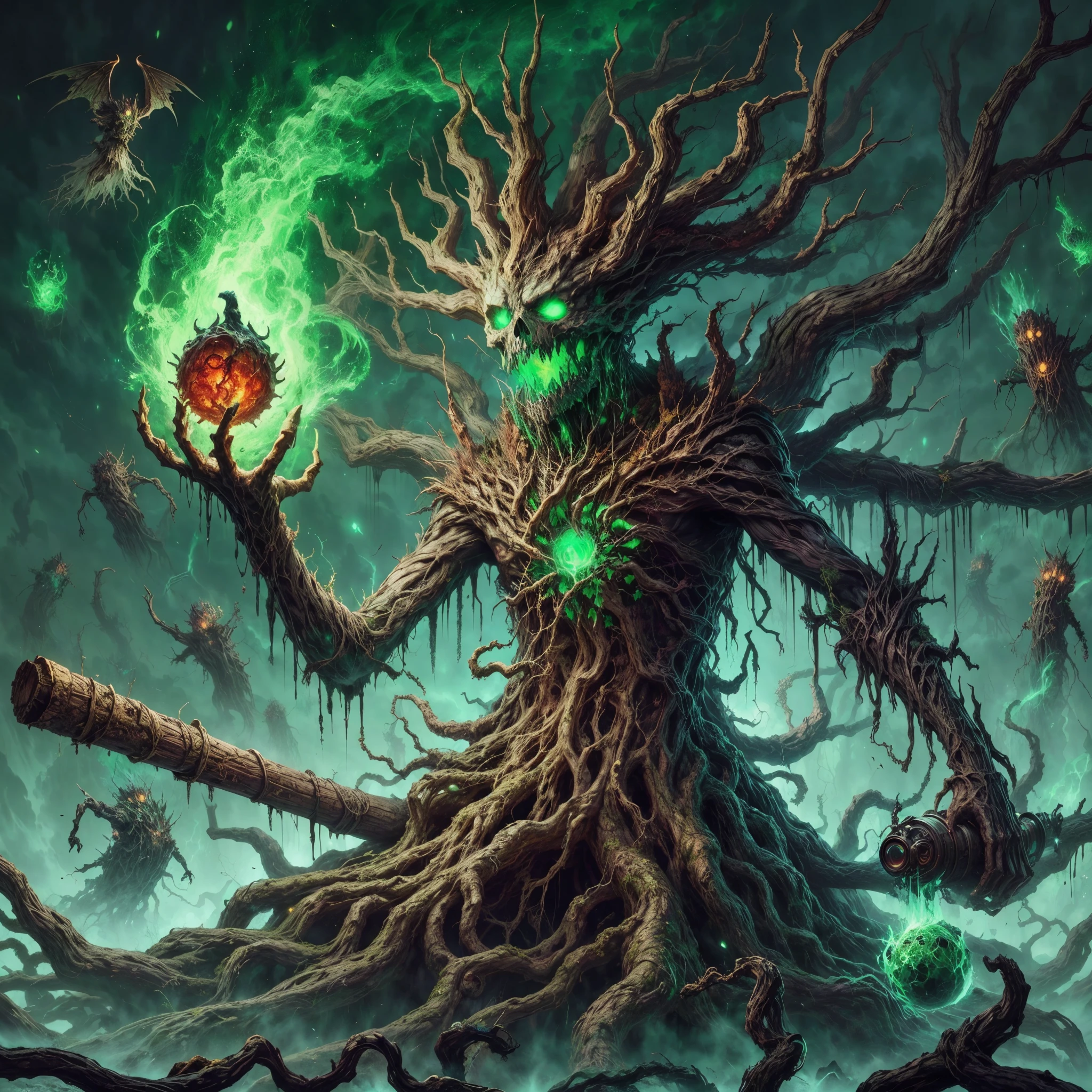 dark soul boss,elden Ring style,a corrupted tree man, an eldritch being inside a tree, 8 long thick root came from the back, corrupted wood hand and arm,  holding a runic dead tree branch as a spear, toxic fruit as bomb,thick trunk tentacles,glowing green eye,death green aura, open mouth, holding corrupted death fruit, astral ghost flying around, 