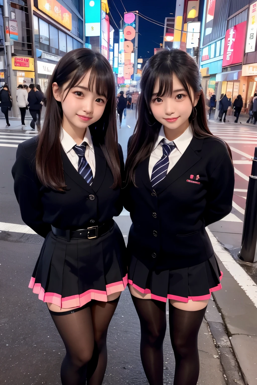 high angle shot、center view、Two women standing on a neon street at midnight、Phenomenally cute 、japanese girl uniform、Microminiskirt、urreal 、loafers、She wears black tights that show a little bit of skin.、black tights、Japanese high school 、Nogizaka Idol、please invite me inside、Plump thighs