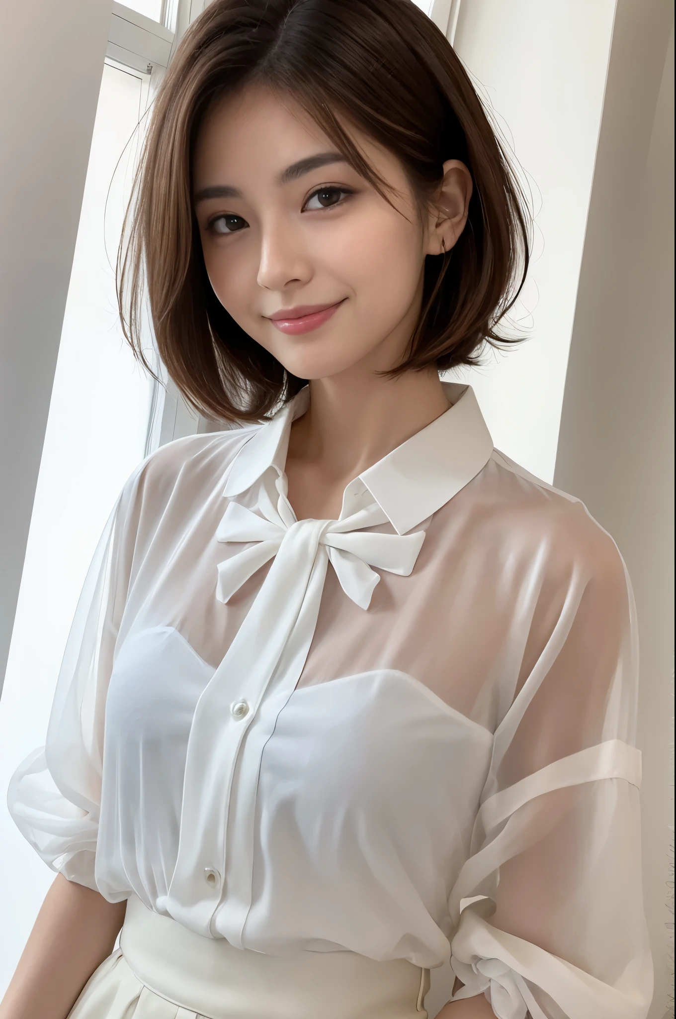 (Raw photo), (Photorealistic), (Masterpiece), (Top quality), High resolution, 8K Oversize, (Fine detail), (Volume light), Upper body, Female, 20 years old, Short hair, Straight hair, Layered hair, Brown hair, Fine eyes, In order of source, Fine eyebrows, Fine skin, Fine mouth, Fine nose pretty like an idol, happy smile, (sexy lips), (looking at viewer), (classy white transparent blouse)