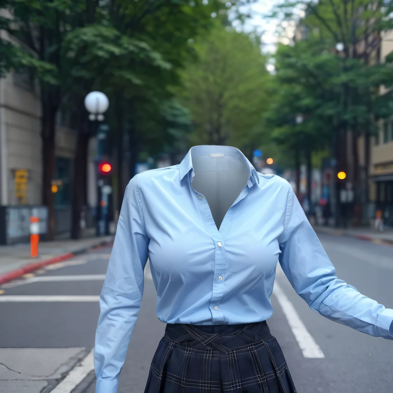 school uniform, blue blouse, plaid skirt, upper body, from behind, in street, cute big breasts, (invisible, no human, headless, handless:1.5), (8k, RAW photo, best quality, masterpiece:1.2), (realistic, photo-realistic:1.37), photon mapping, radiosity, ((Hasselblad photography)), physically-based rendering