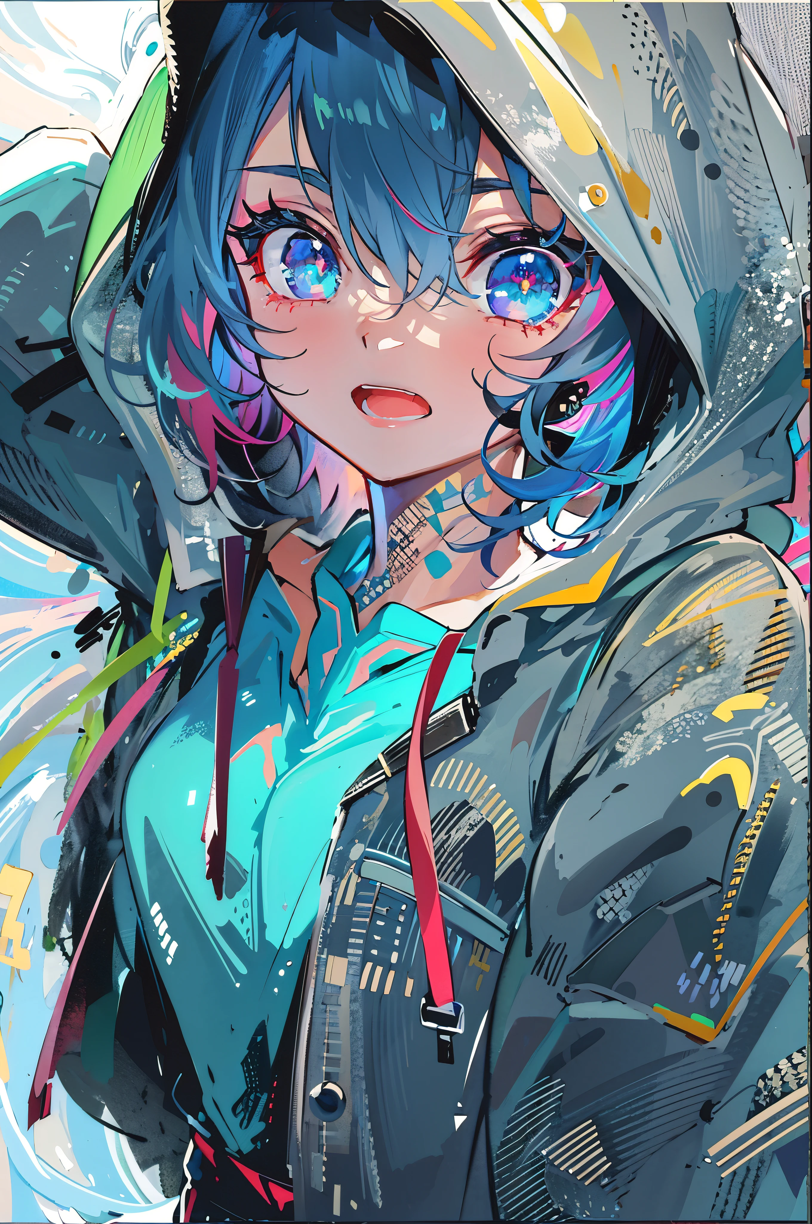 ((8K resolution))、((highest quality))、((masterpiece))、((Super detailed))、1 female、alone、incredibly absurd、oversized hoodie、headphones、street、outdoor、rain、neon、short cut hair、light colored eyes、put one'Hand in hand'pocket of、shorts、water dripping, step piece, cool blue open short jacket, tattoo, Messy Fade Cut Hair,quirky sneakers,Eyeshadow on the eyes,unusual colored eyes, bright eyes,