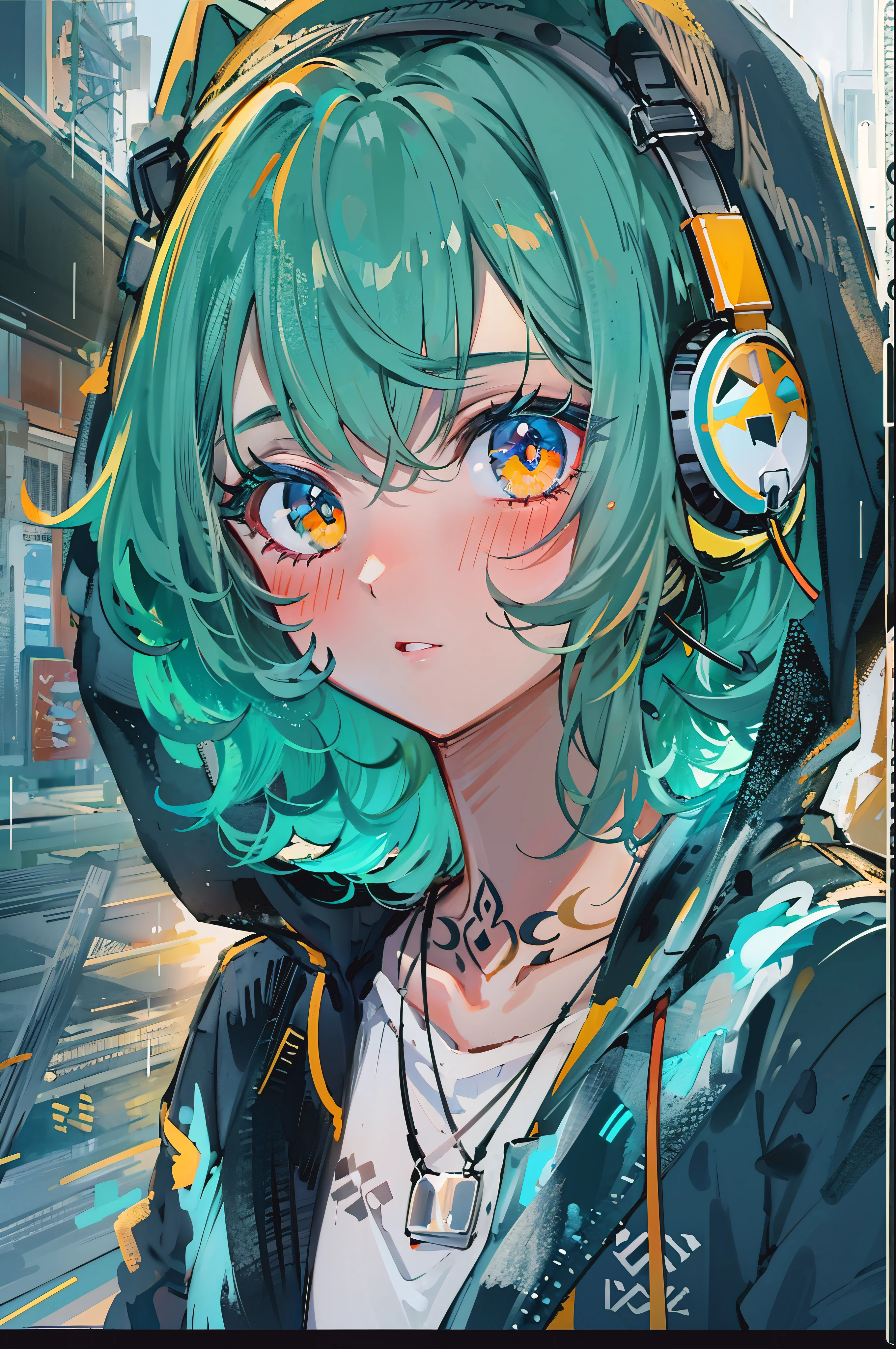 ((8K resolution))、((highest quality))、((masterpiece))、((Super detailed))、1 female、alone、incredibly absurd、oversized hoodie、headphones、street、outdoor、rain、neon、short cut hair、light colored eyes、put one'Hand in hand'pocket of、shorts、water dripping, step piece, cool blue open short jacket, tattoo, Messy Fade Cut Hair,quirky sneakers,Eyeshadow on the eyes,unusual colored eyes, bright eyes,