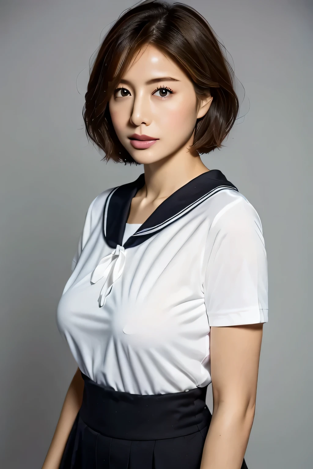 (highest quality,8K,masterpiece,anatomically correct),studio photography,gray background,
Very beautiful Japan girl,lip gloss,
big breasts,
jk uniform,sailor suit,
pixie cut,curly hair,