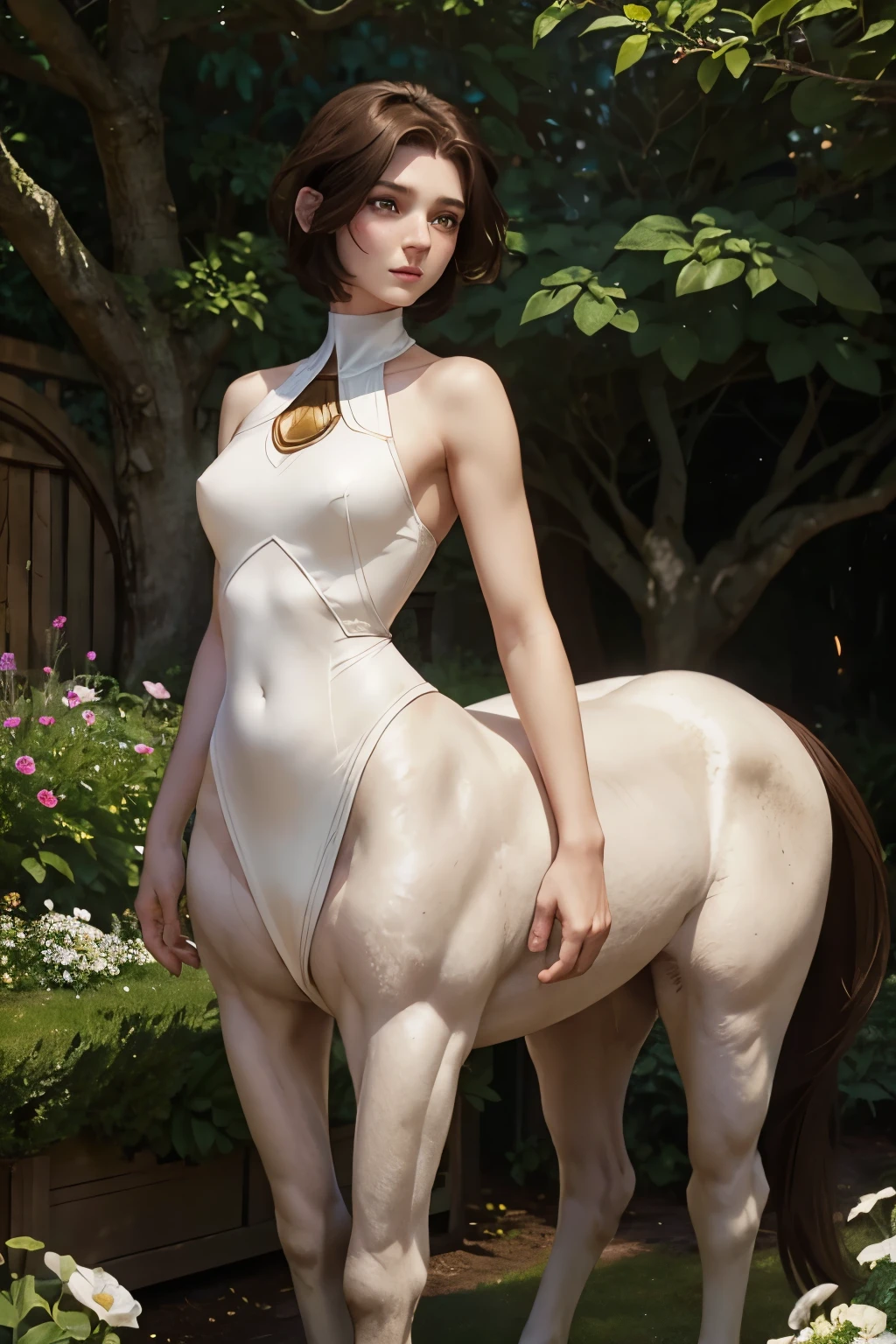 A young androgynous female centaur. Fantasy setting. Very short hair. Short manly haircut. Dark-brown hair with a undercut. Very pale skin with freckles and liverspots. Round soft face. Round soft chin. Round soft cheeks. Curved lips. Long wide nose. Dark brown eyecolour. Upturned eyes. Very thin barely visible eyebrows. Long neck. Slim. . Centaur under body. Brown fur. Looking kind and friendly. Tomboyish. In a beautiful garden.