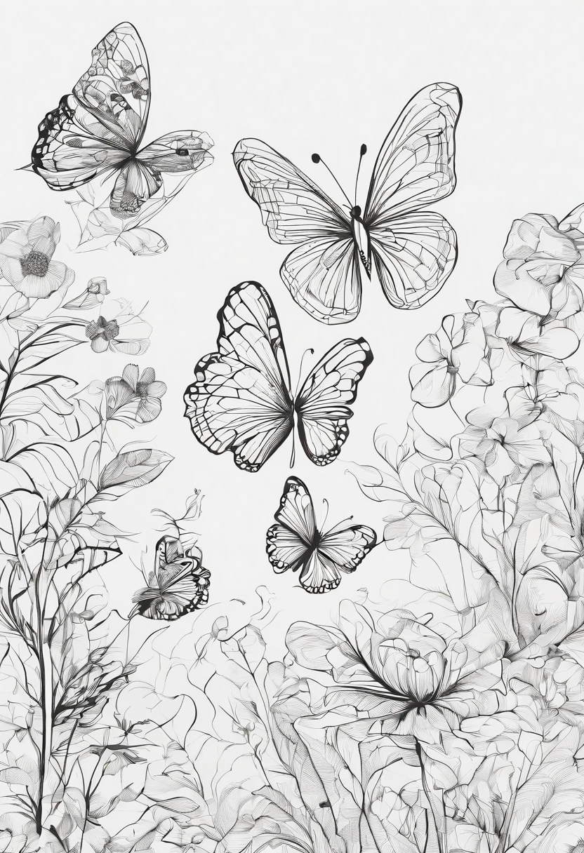 Black and white group of various butterflies flying in a flower garden