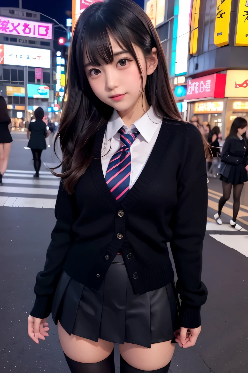 high angle shot、center view、A woman standing on a neon street at midnight、Phenomenally cute 、japanese girl uniform、summer clothes、Microminiskirt、urreal 、loafers、She wears black tights that show a little bit of skin.、black tights、Japanese high school 、Nogizaka Idol、Plump thighs、Full body Esbian