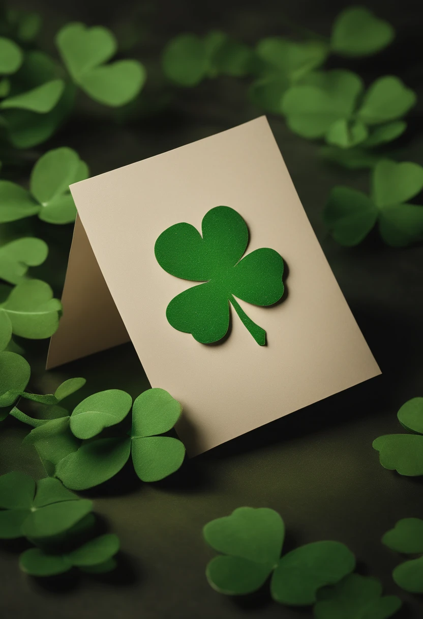 A high-resolution image showcasing a blank St. Patrick’s Day greeting card mockup, with a green background adorned with clovers, providing ample space for personalized messages or artwork, allowing for creativity and customization.