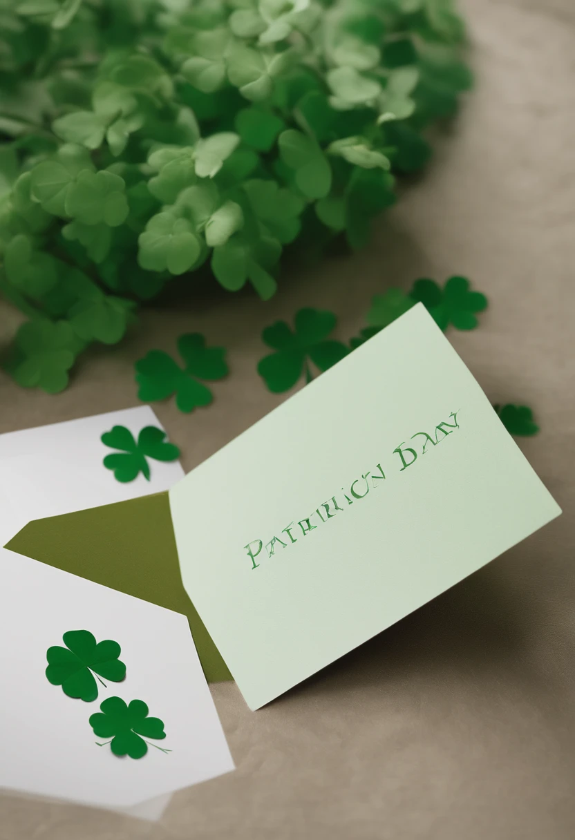 A high-resolution image showcasing a blank St. Patrick’s Day greeting card mockup, with a green background adorned with clovers, providing ample space for personalized messages or artwork, allowing for creativity and customization.