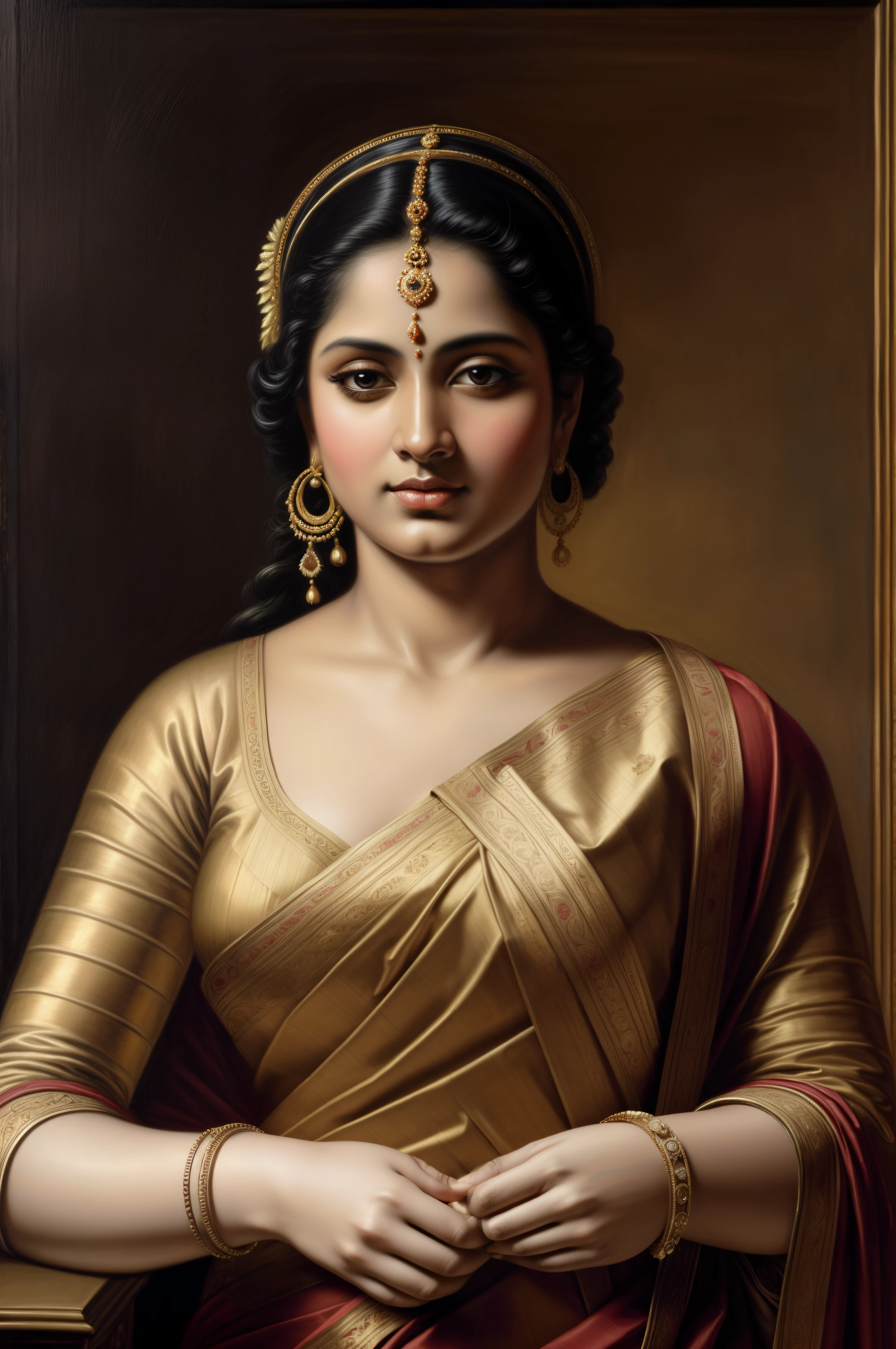 Beautiful Indian Woman, wearing saree, sari Beauty, gorgeous, Apsara, Maharani, royal queen woman, nymph from Hindu Mythology, Urvashi, matchless beauty, Highly detailed, Oil Painting by Peter Paul Rubens inspired by Raja Ravi Varma, Matchless beauty, captivating, gorgeous, heavenly beauty, celestial beauty, by Peter Paul Rubens, 1893, realistic, hyper realistic, micro details, incredible artwork, insane details, ultra High resolution, 8k, 32k, acrylic on canvas, intricate, flawless, detailed, detailed face, detailed eyes, masterpiece, by Peter Paul Rubens, by Caravaggio, by William Adolphe bouguereau, perfect face, perfect body, beautiful art, realism, baroque, renaissance Art, highly textured, beautiful and detailed eyes, uhd, best quality,