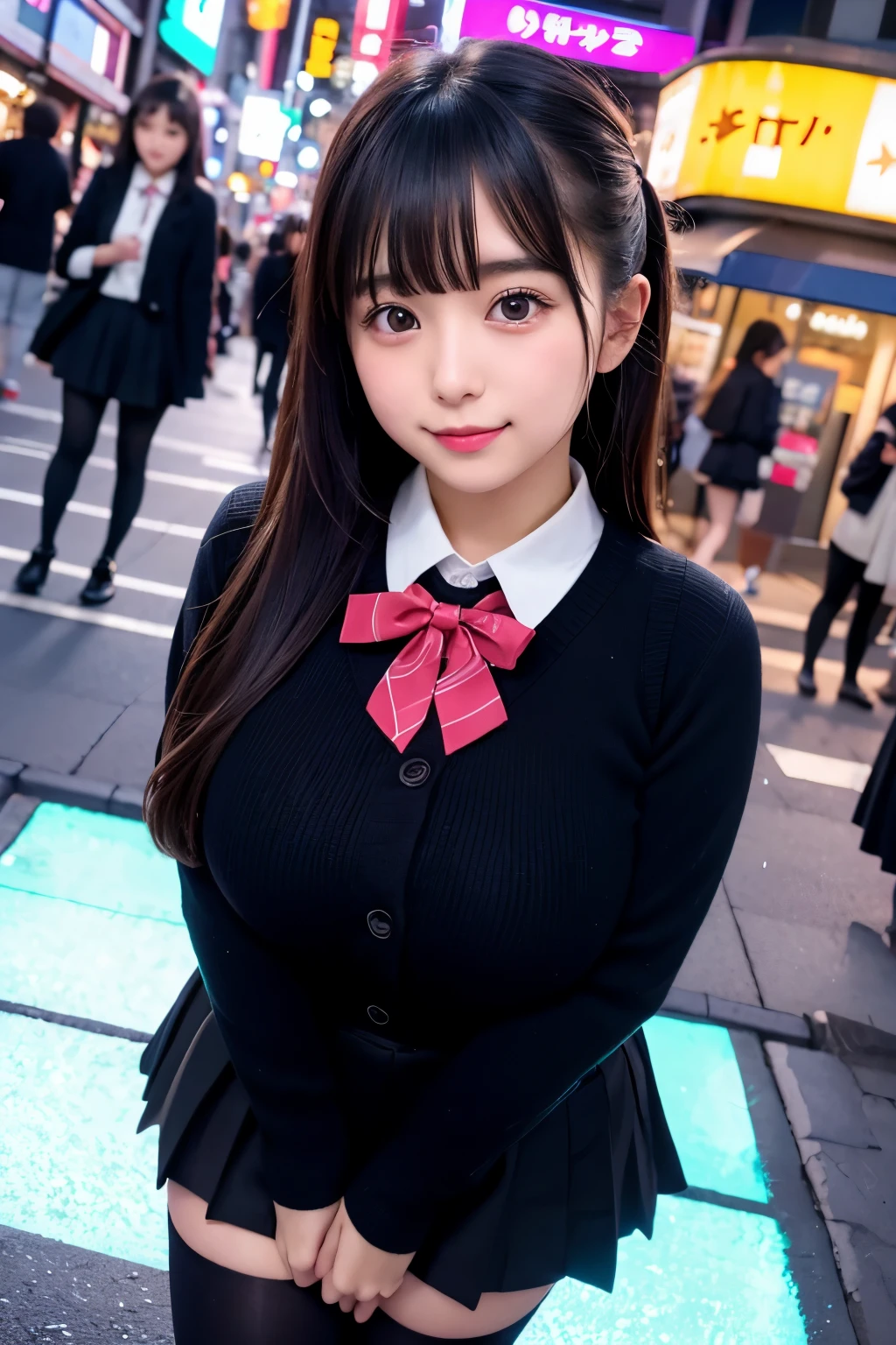 high angle shot、center view、A woman standing on a neon street at midnight、Phenomenally cute 、japanese girl uniform、summer clothes、Microminiskirt、urreal 、loafers、Wearing black tights、black tights、Japanese high school 、Nogizaka Idol、please invite me inside、Plump thighs、big breasts、woman wearing black tights
