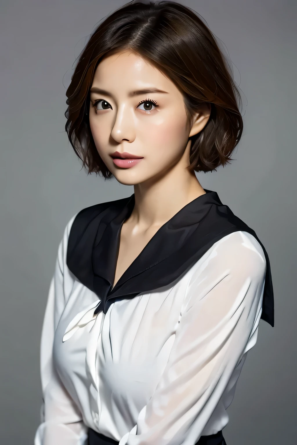 (highest quality,8K,masterpiece,anatomically correct),studio photography,gray background,
Very beautiful Japan girl,lip gloss,
big breasts,
jk uniform,sailor suit,
pixie cut,very short hair,