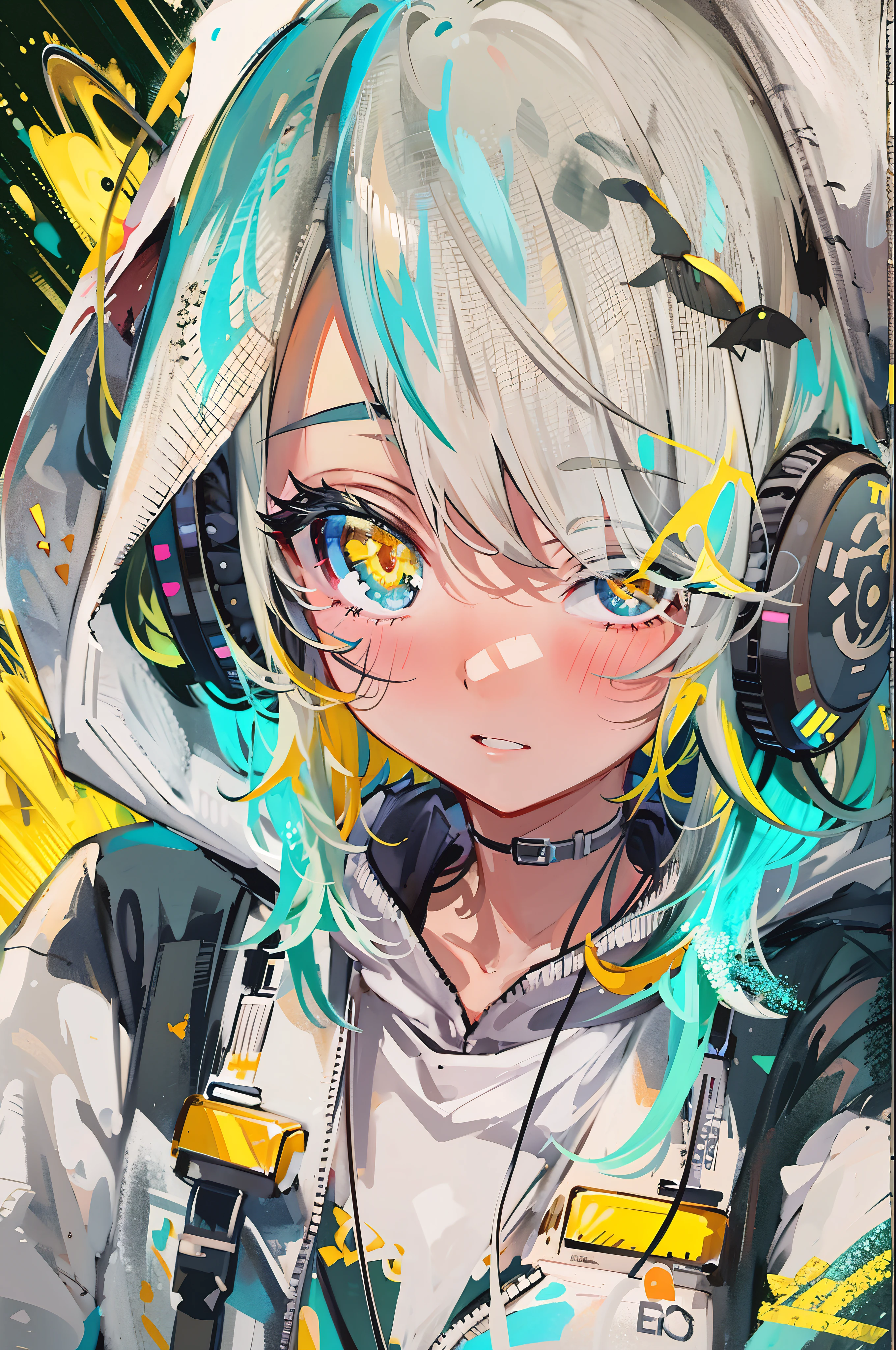 8K resolution、((highest quality))、((masterpiece))、((Super detailed))、1 female、alone、incredibly absurd、oversized hoodie、The background has a design that looks like paint has been splattered..、headphones、street、yellow background、rain、Fluorescent neon、short cut hair、colorful hair tips、light colored eyes、put one'Hand in hand'pocket of、shorts、water dripping、unusual colored eyes, bright eyes