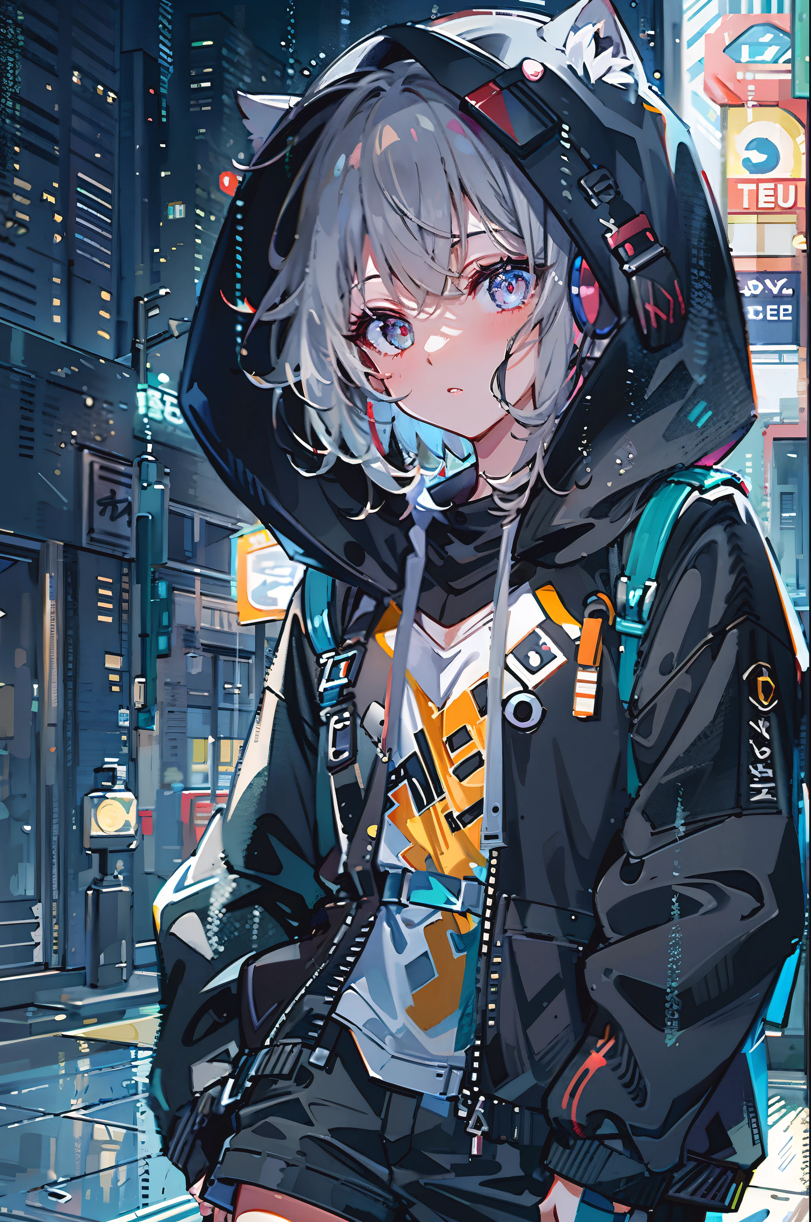 8K resolution、((highest quality))、((masterpiece))、((Super detailed))、1 female、alone、incredibly absurd、oversized hoodie、headphones、street、outdoor、rain、cute neon、short cut hair、light colored eyes、put one'Hand in hand'pocket of、shorts、water dripping、downer、glitch