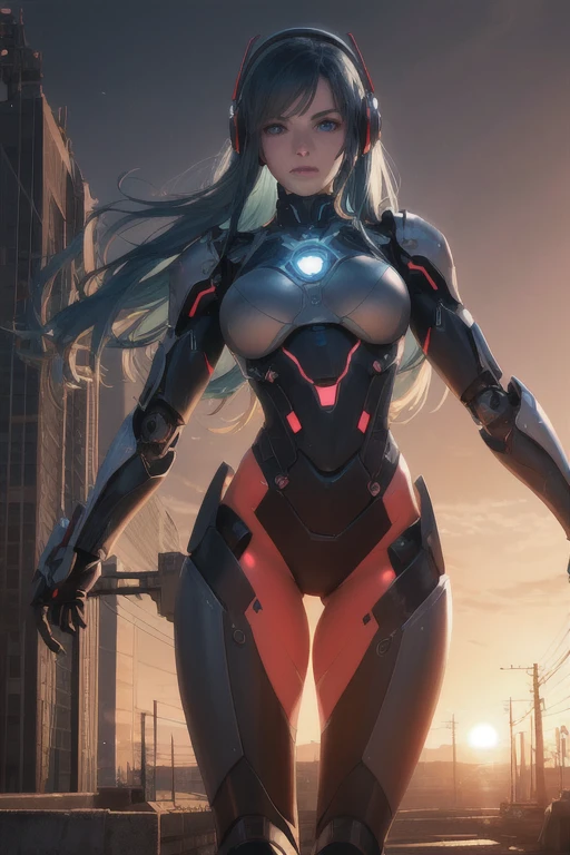 (realistic, photorealistic, photo-realistic:1.37), HDR, UHD,A female figure robot. The robot has a very humanized appearance with a delicate face with long blue hair and bright blue eyes. She wears red and black armor that has design elements of futuristic and combat attire. Her head has a headset-like device with glowing parts on the sides. The robot has a cyberpunk look to it as its structure from the chest down to the legs exposes complex internal mechanics including gears, wires and other mechanical components. On top of this, parts of the body, such as the legs, still retain a red armor covering. The whole image is displayed in low light or similar lighting at night, accompanied by some darting points of light and tiny fragments, creating a sci-fi atmosphere.