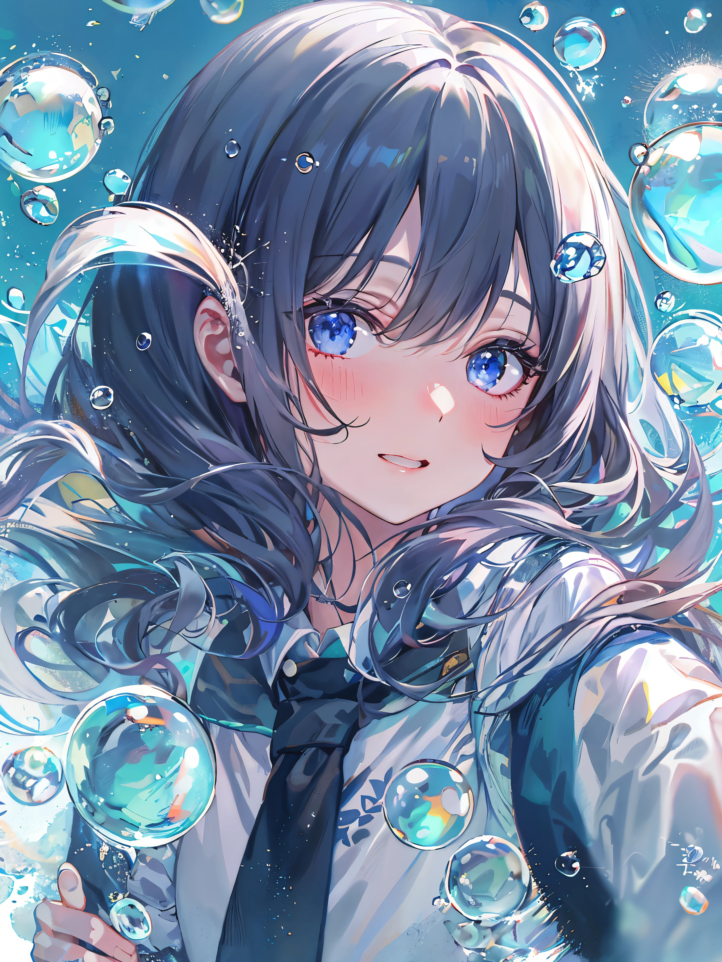 ((highest quality)), ((masterpiece)), ((Super detailed)), (very delicate and beautiful), 女の子and, alone, cold attitude,((black jacket)),彼女はandても(relax)and(Calm down)exterior,black haired, written boundary depth,evil smile,bubble, underwater, エアbubble,bright light blue eyes,水色の髪and紺色の先端を持つインナーカラー,cold background,Bob Hair - Linear Art, shorts、knee high socks、White uniform like school uniform、light blue ribbon tie、Clothes are sheer、put one's hand in one'pocket of、Water droplets floating in the air