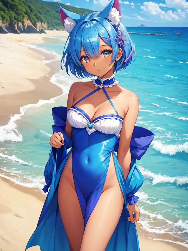 masterpiece, best quality, ultra detailed,rem,re zero, 1girl, (20 years old), (animal ears), blue hair, blue and yellow eyes,short hair, , (masterpiece), (best quality), (ultra detailed), more_details:-1, more_details:0, more_details:0.5, more_details:1, more_details:1.5, tan, dark skin, OuterWorldAI, glowify,sea,beach, beautiful background, beautiful girl,