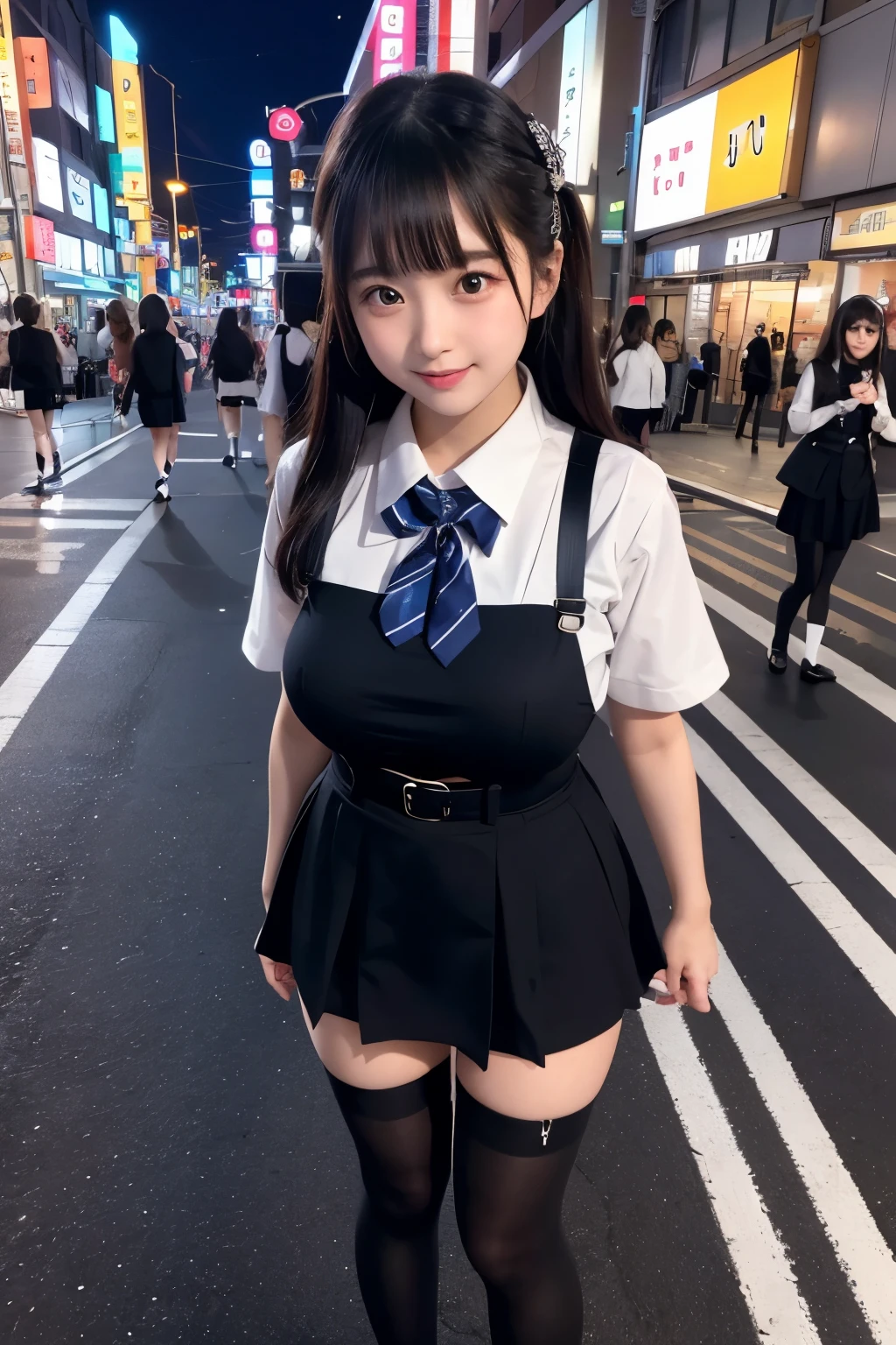high angle shot、center view、A woman standing on a neon street at midnight、Phenomenally cute 、japanese girl uniform、summer clothes、Microminiskirt、urreal 、loafers、She wears black tights that show a little bit of skin.、black tights、Japanese high school 、Nogizaka Idol、Plump thighs、Full body Esbian