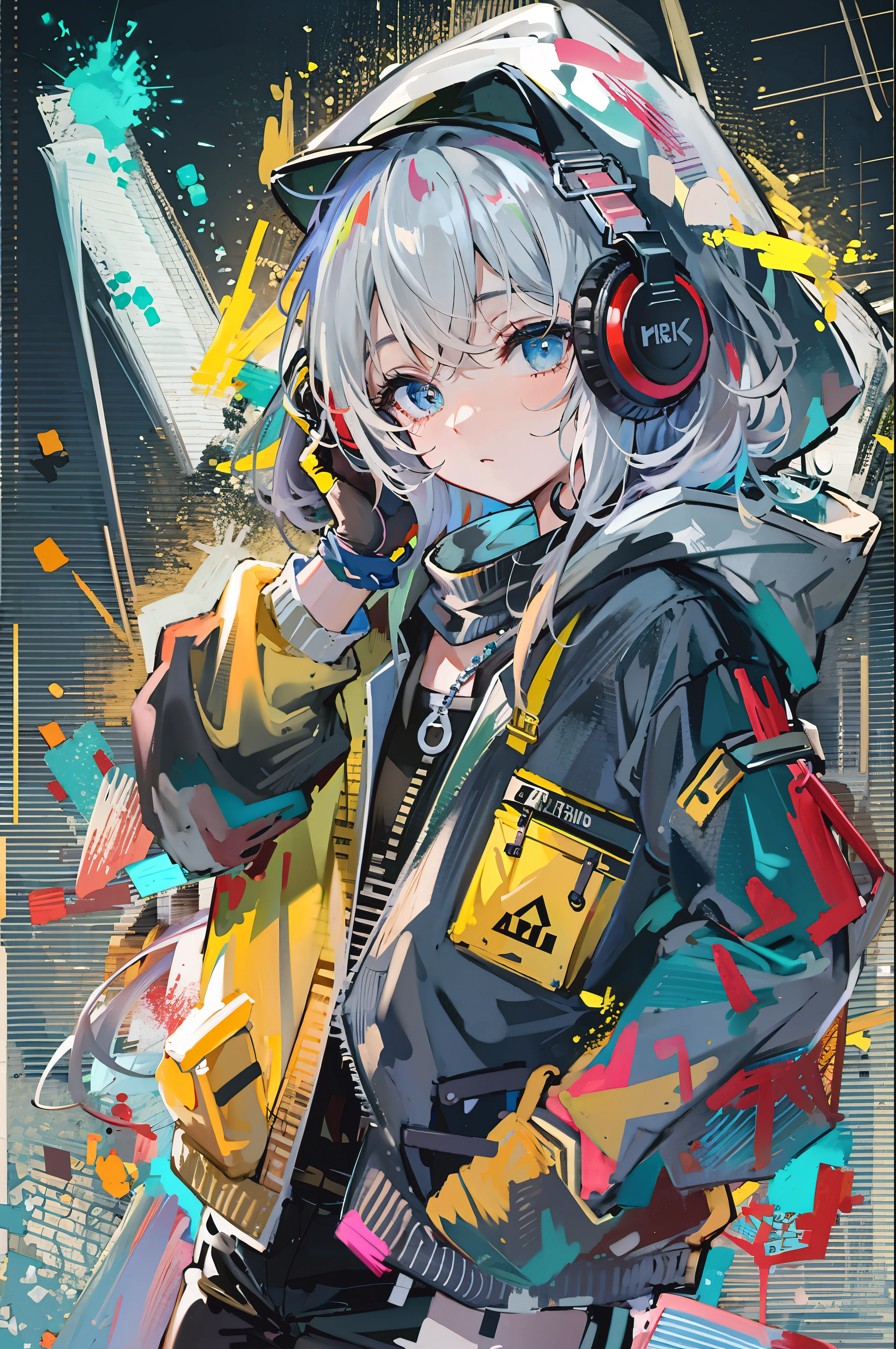 8K resolution、((highest quality))、((masterpiece))、((Super detailed))、1 female、alone、incredibly absurd、oversized hoodie、The background has a design that looks like paint has been splattered..、headphones、street、yellow background、rain、Fluorescent neon、short cut hair、colorful hair tips、light colored eyes、put one&#39;Hand in hand&#39;pocket of、shorts、water dripping、unusual colored eyes, bright eyes