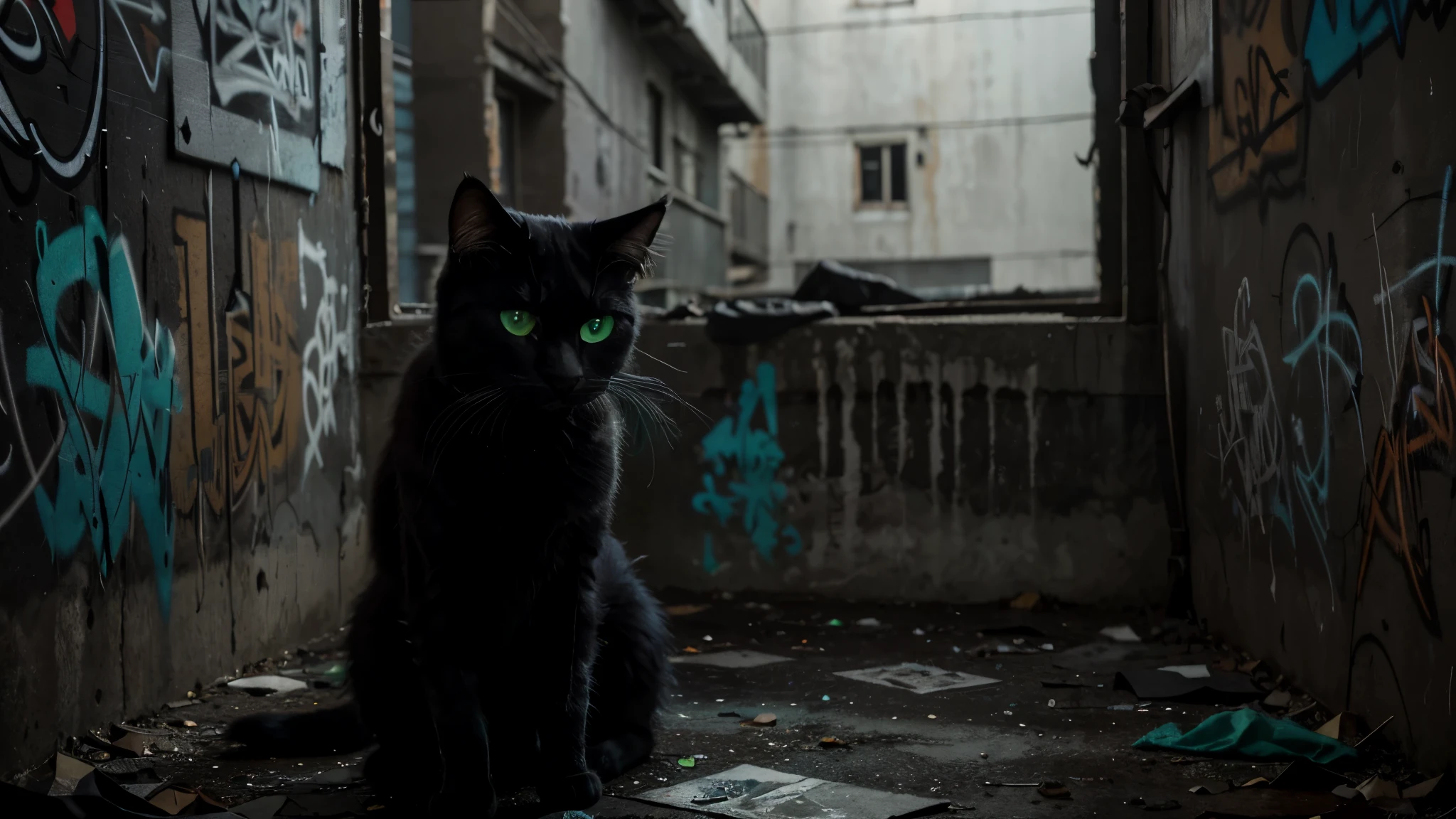 In a dimly lit alleyway, a decaying wall covered in graffiti becomes the backdrop for a mesmerizing scene. A stray cat, its fur in shades of midnight black, sits atop a cracked, weathered windowsill. Its vivid green eyes glow with a hint of mystery as it gazes into the darkness. The scene exudes a captivating aura, with the decay symbolizing the passage of time and the transient nature of existence. The graffiti, vibrant and rebellious, adds an edgy element to the narrative, contrasting the cat's solitary presence. The dark atmosphere further enhances the enigmatic ambiance, shrouding the scene in an aura of intrigue. The prompt blends these elements to create a visually arresting image: "cat, decay, graffiti, dark, mesmerizing gaze, vivid green eyes, weathered windowsill, midnight black fur, edgy, enigmatic aura". To ensure the highest quality and level of detail, we can use tags such as "(best quality, highres), ultra-detailed, realistic lighting, vibrant colors".