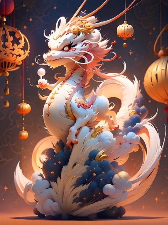 cute chinese dragon, fireworks background