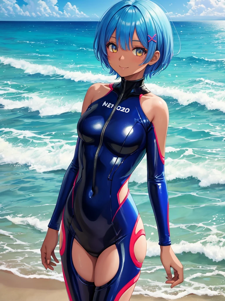 masterpiece, best quality, ultra detailed,rem,re zero, 1girl, (20 years old),smiling, blue hair, blue and yellow eyes,short hair,wetsuits , (masterpiece), (best quality), (ultra detailed), more_details:-1, more_details:0, more_details:0.5, more_details:1, more_details:1.5, tan, dark skin, OuterWorldAI, glowify,sea,beach, beautiful background, beautiful girl,