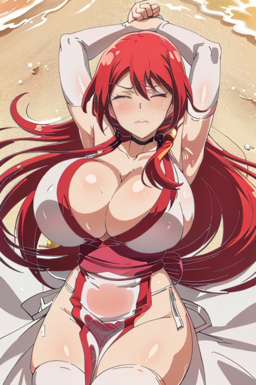 masterpiece, high resolution, best quality, beautiful art, 1 woman , Akane Hiyama, 30 years old, well made hands, fingers and body proportions, grown up, loose long hair, big breasted, cleavage, white kunoichi dress, full body , sexy outfit, pelvic curtain, sexy legs and thighs, full body, ryona, in peril, defeated, knocked out, unconscious, closed eyes, passed out, exhausted, lying down on the sand, extended body, sexy defeated pose, sexy smirk on her face, her panties are shown and her pelvic curtain is loose, exposed full bofy, defeat and KO scene, bouncing breasts, sexy shots on her defeated pose, beach environment
