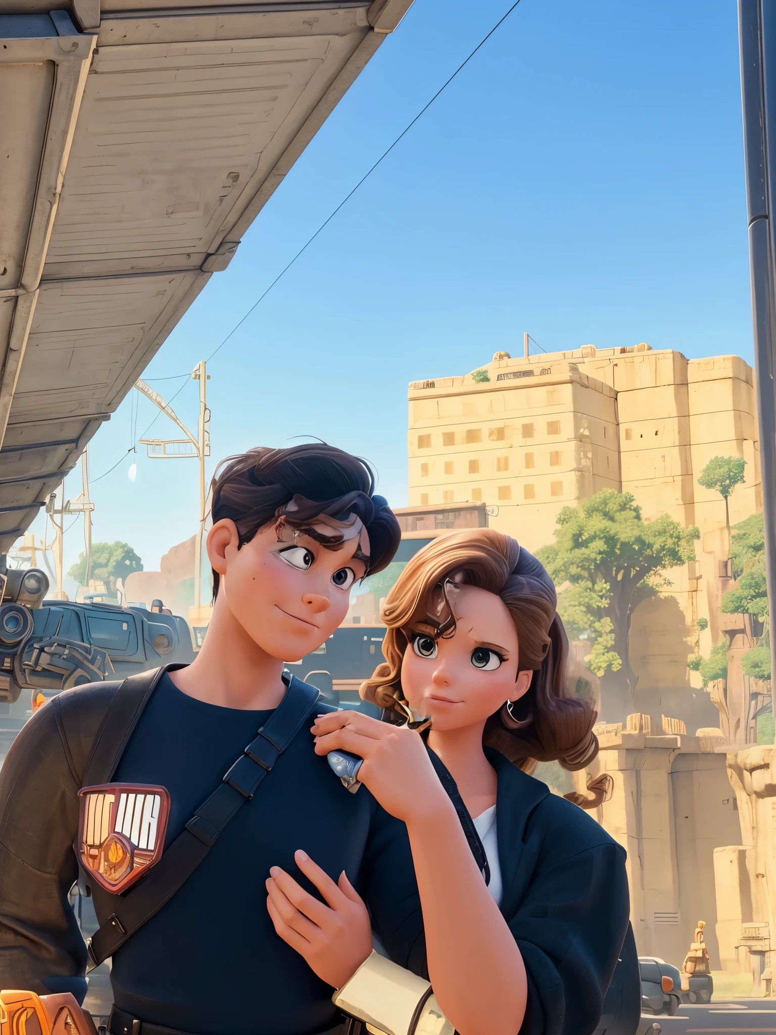 there is a woman in a dress standing in front of a giant robot, by Don Maitz, portrait of sofia vergara, promotional art, attractive brown hair woman, retropunk, protagonist in foreground, inspired by Louis Pohl, mechanic, anime visual of a young woman, compute shader, inspired by Donato Giancola, youtube thumbnail, chrome art  