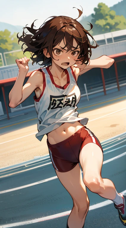 Raise your hand Maki Horikita Beautiful girl Junior high school student Angry face Cold expression Scary eyes Shocked expression High school student Brown hair Track and field Hands Short height Small breasts Short hair White tank top Beautiful legs Bare belly button The top of a high mountain Very messy hair Strong wind