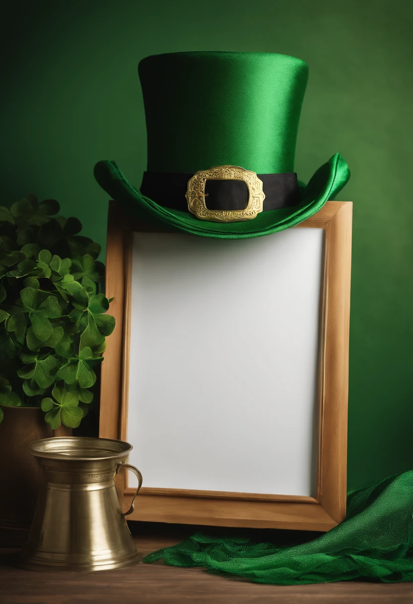 A detailed and realistic image capturing a blank St. Patrick’s Day banner mockup, with a green fabric background, empty space for text or graphics, and decorative elements such as leprechaun hats or shamrocks, ready to be customized for specific celebrations.