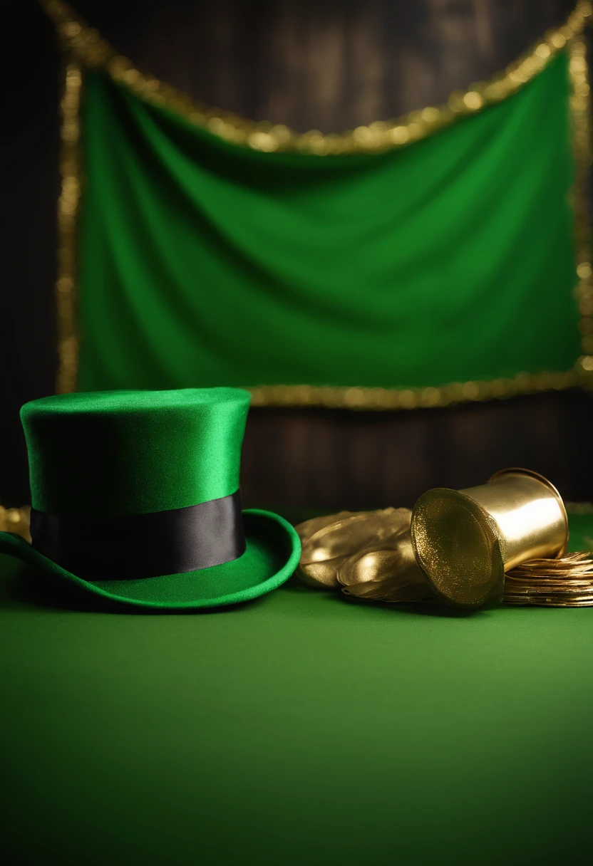 A detailed and realistic image capturing a blank St. Patrick’s Day banner mockup, with a green fabric background, empty space for text or graphics, and decorative elements such as leprechaun hats or shamrocks, ready to be customized for specific celebrations.