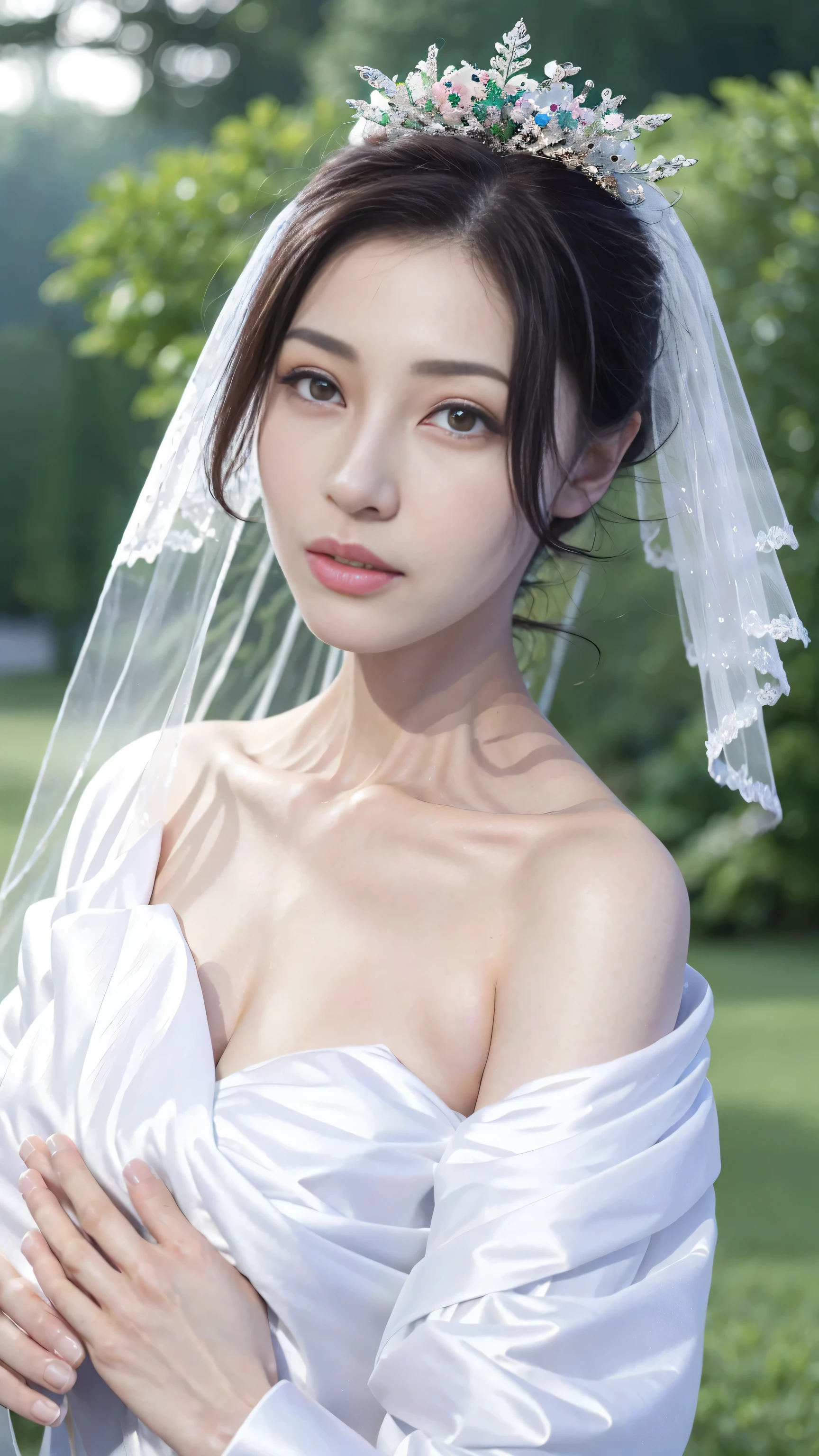 （1 18-year-old female fashion model）， [[[[close up]]]], [[[[]]]], [[[[neck]]]], [[[[Shoulder]]]], perfect eyes, perfect iris，perfect lips，perfect teeth，perfect skin，White skin，Soft headlight，high-density imaging review，super pretty girl，((Beautiful white wedding dress))，((Formal wear))，((bridal hairstyle))，(Various dynamic poses)，The background is green trees and gossip，high quality， masterpiece， ultra high resolution，（lifelike： 1.4）， original photo，（超级lifelike细节））， best quality，（pastel colors：1.2）