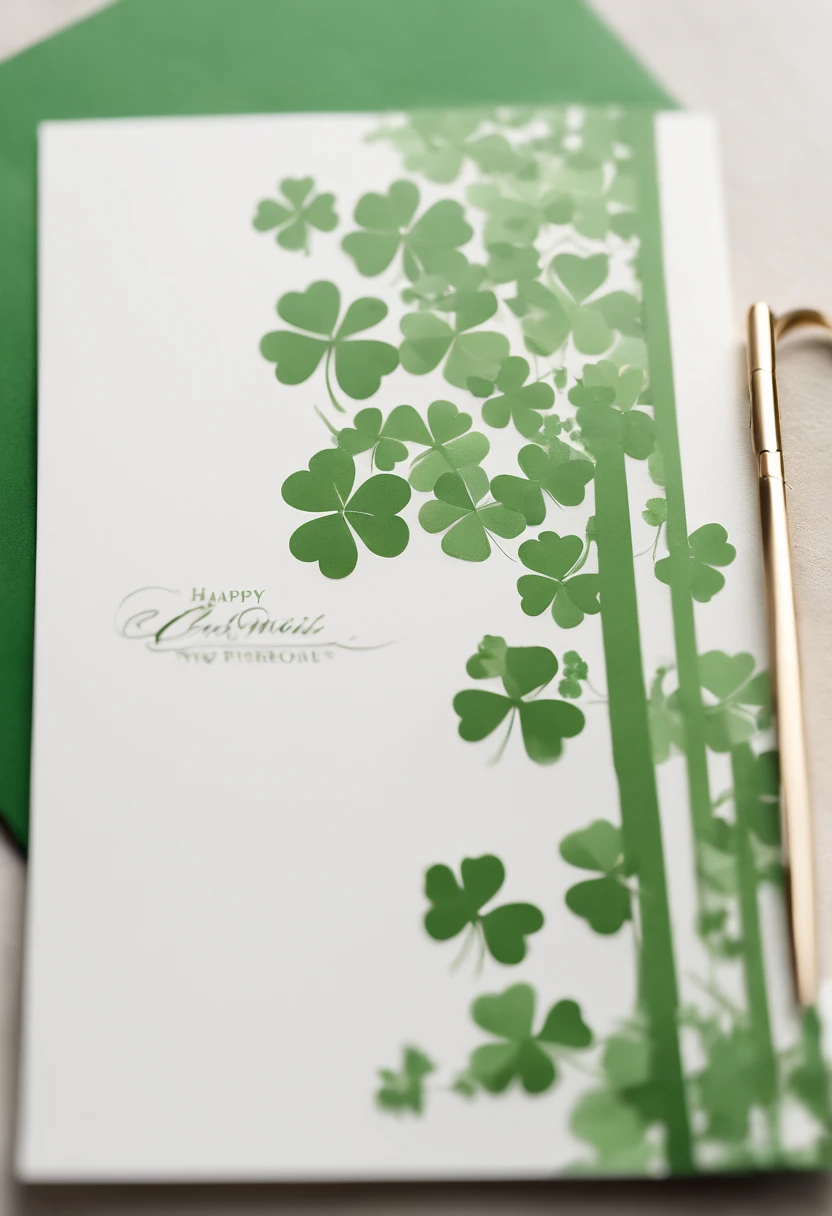 An artistic representation of a blank St. Patrick’s Day greeting card mockup, featuring a minimalistic design with a clean white background, allowing for a focal point to be added, whether it’s a hand-drawn illustration, calligraphy, or a photograph.