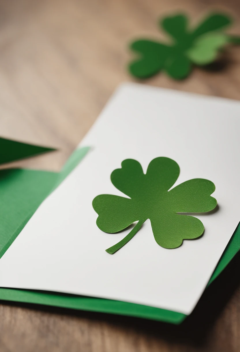 An artistic representation of a blank St. Patrick’s Day greeting card mockup, featuring a minimalistic design with a clean white background, allowing for a focal point to be added, whether it’s a hand-drawn illustration, calligraphy, or a photograph.