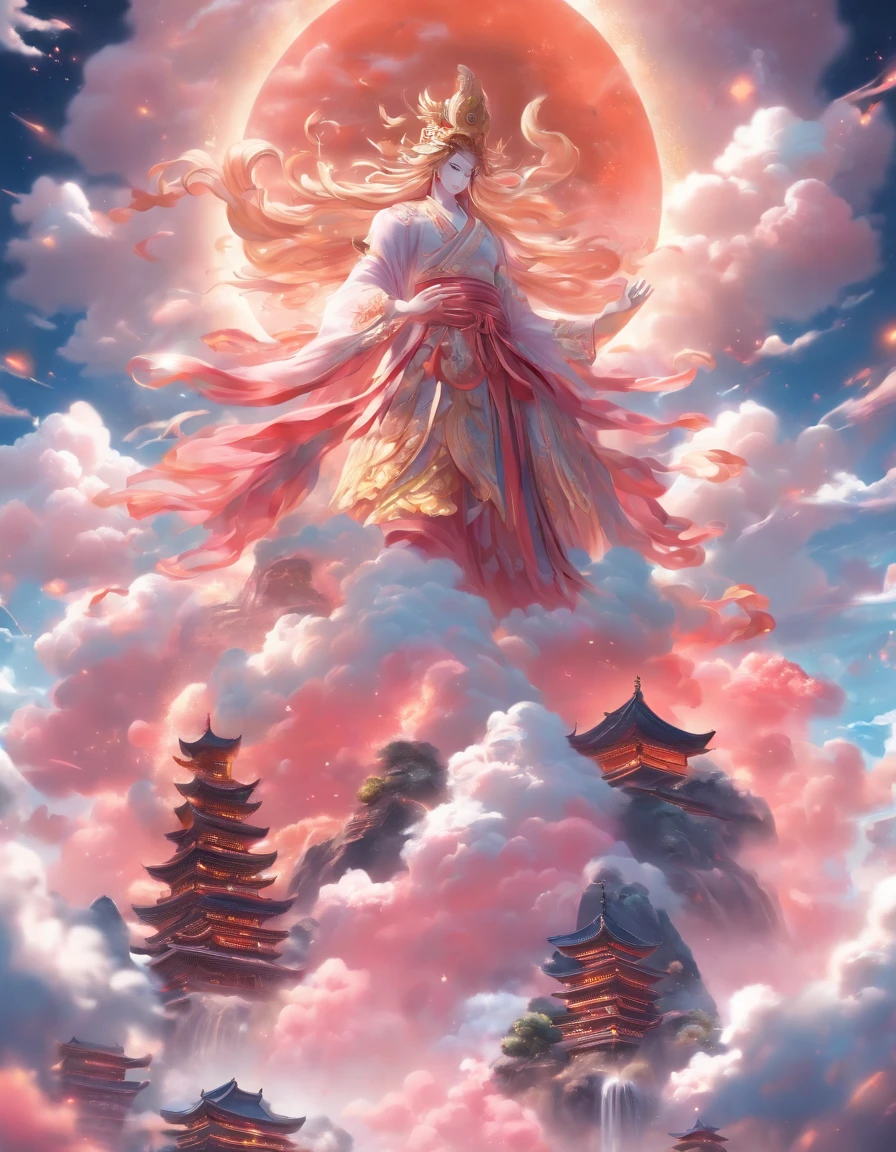 ((table top)),(最high quality)),Chinese style,In the sky, The clouds form a huge transparent and shining white jade Maitreya statue,thick clouds,shining sun,Pilgrims on the road,surreal,ultra photorealisticim,pink,8K,High resolution,high quality,works of masters,super fine,(((OC renderer)))
