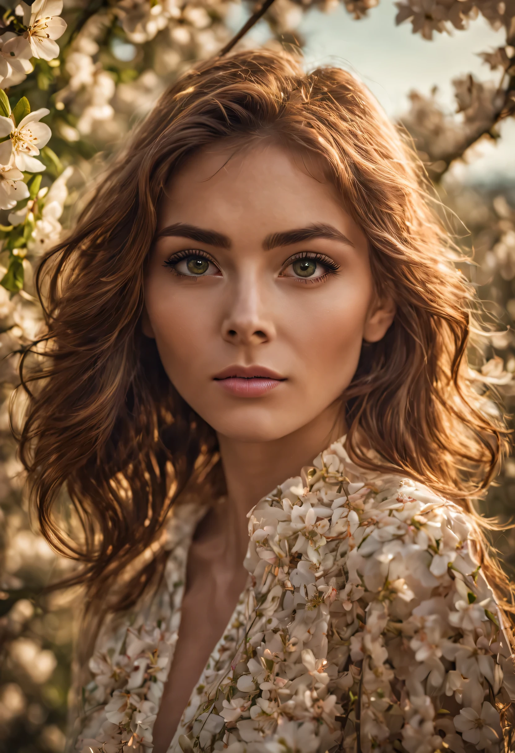 A woman with flawless skin stands amidst a sea of Apple blossoms, her gaze meeting the camera with a sense of intrigue. The matching tones of the image create a romantic atmosphere, perfectly matching the color palette. The sharp focus captures every detail, while the post-processing techniques add a unique and creative touch. The composition is expertly crafted, with global illumination adding a sense of depth and dimension. Taken with a Canon EF 16-35mm lens, this portrait is a stunning example of visual storytelling.