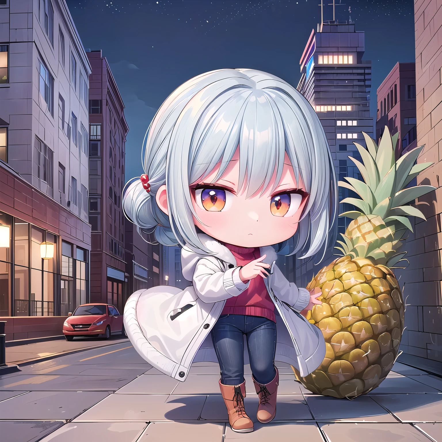 (great Chibi, snap,Pineapple ,one girl: 1.4), (Masterpiece, almond-shaped eyes, glossy white-blue hair, short chignon hair, top quality, carefully drawn fingers, beautiful anatomy, full body : 1.4), (Tasteful Colored pencil hand-drawn picture: 1.3), (Red cheeks, indifference, no expression, hair blowing in the wind: 1.2), (Slim and warm clothes, fluffy sweater,down coat, check pants,warm boots, put your hand on your thigh: 1.2), (fantastic view: 1.3), (brick building,pineapple building, big city:1.4),( night:1.3)