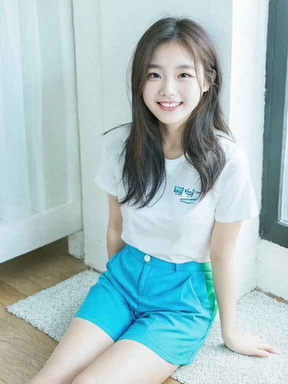 white wall、white floor、Blue shorts