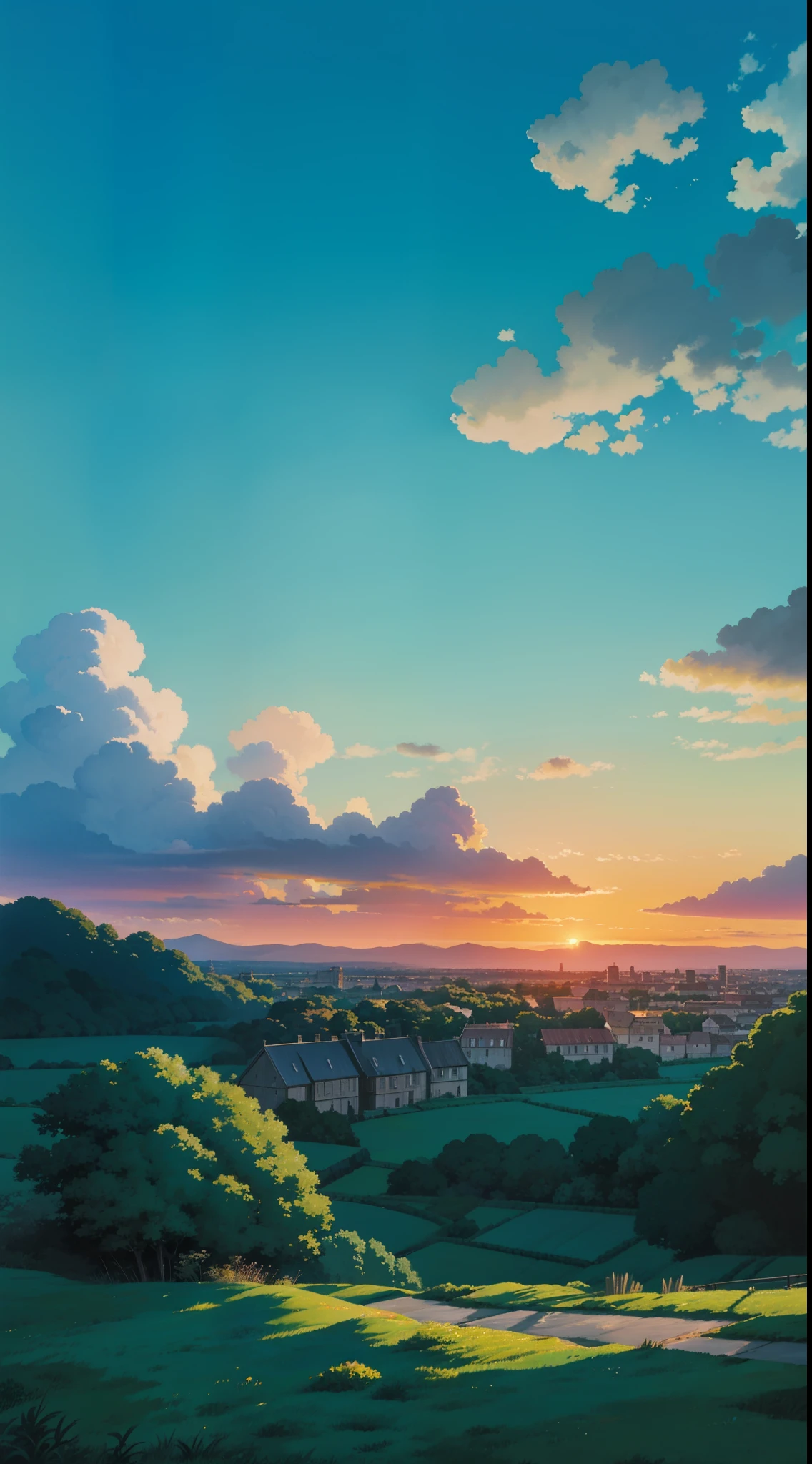 animesque、Skyscape with clouds、Landscape without buildings、You can see the touch of the brush、Studio Ghibli、Ghibli、Humid、the ground is wet、Scenery、Style、Golden Time、sky line、evening, hd, HDR, 8K